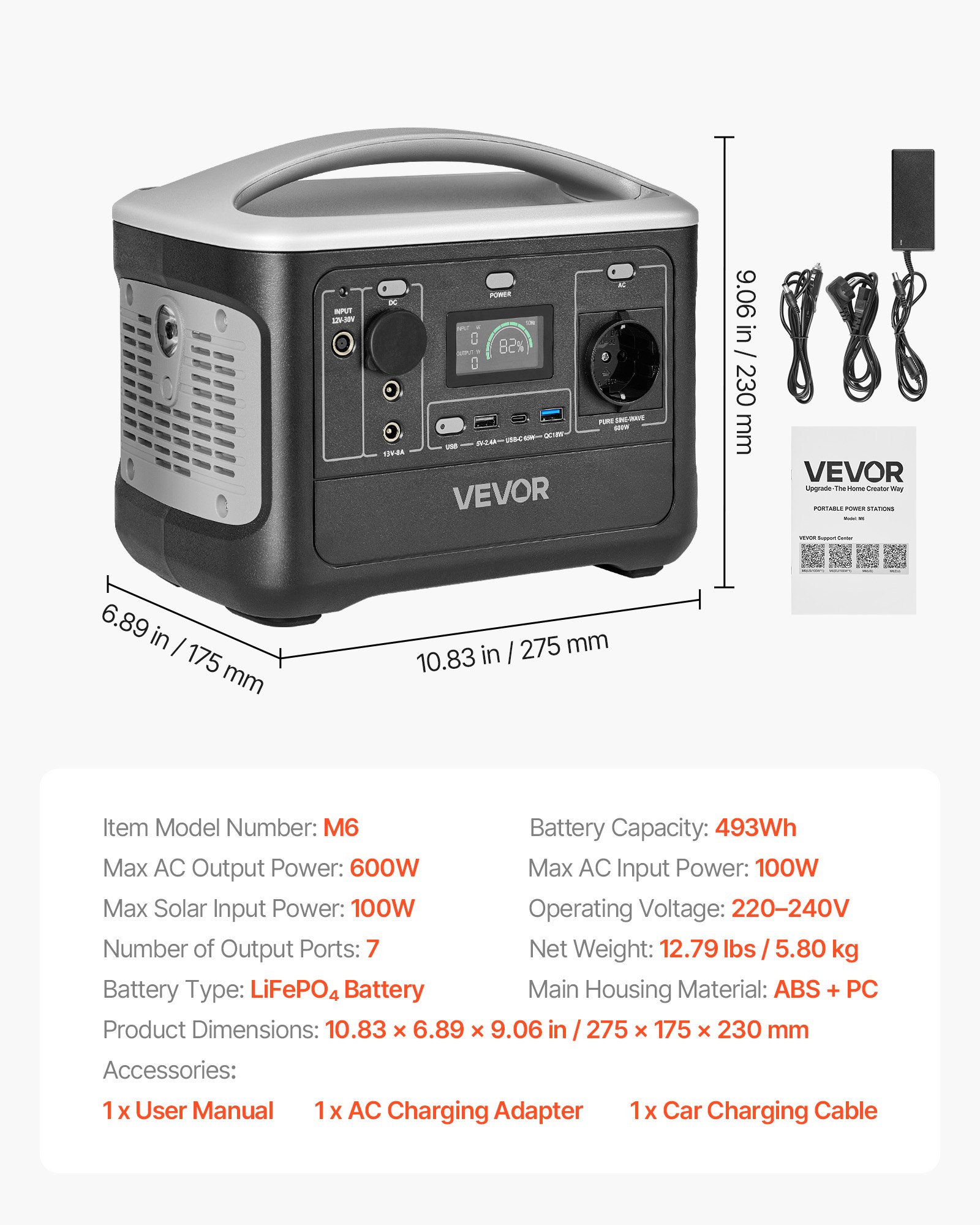 VEVOR Estación de Energía Portátil 600 W, Generador de Energía Batería de Respaldo LiFePO4 de 493 Wh, con 7 Puertos de Salida para Hogar, Campamentos, Viajes en Autocaravana, Panel Solar No Incluido