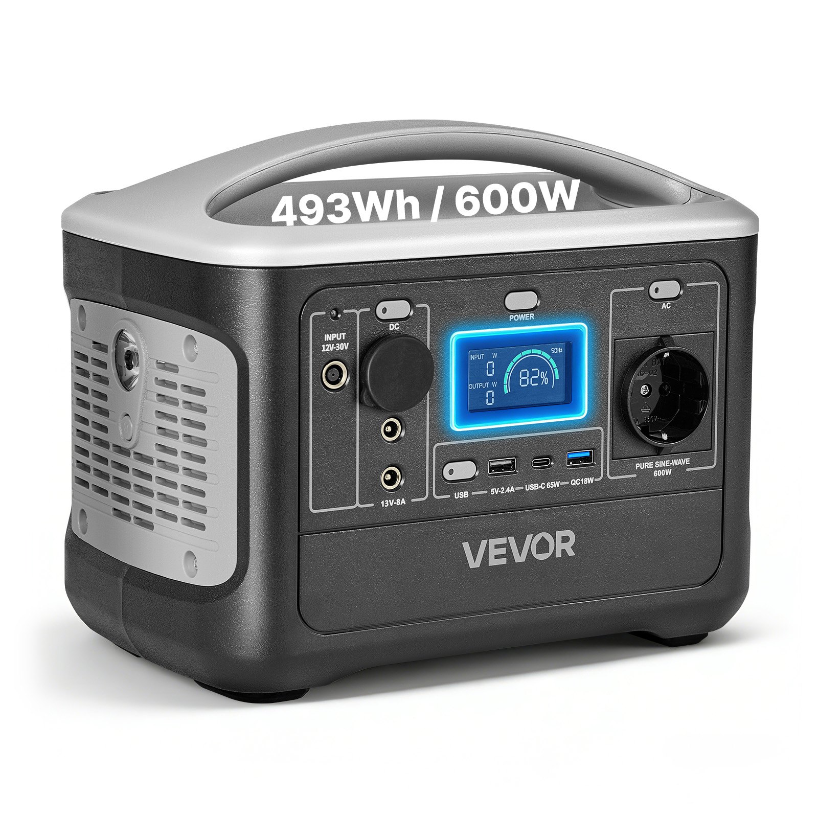 VEVOR Estación de Energía Portátil 600 W, Generador de Energía Batería de Respaldo LiFePO4 de 493 Wh, con 7 Puertos de Salida para Hogar, Campamentos, Viajes en Autocaravana, Panel Solar No Incluido