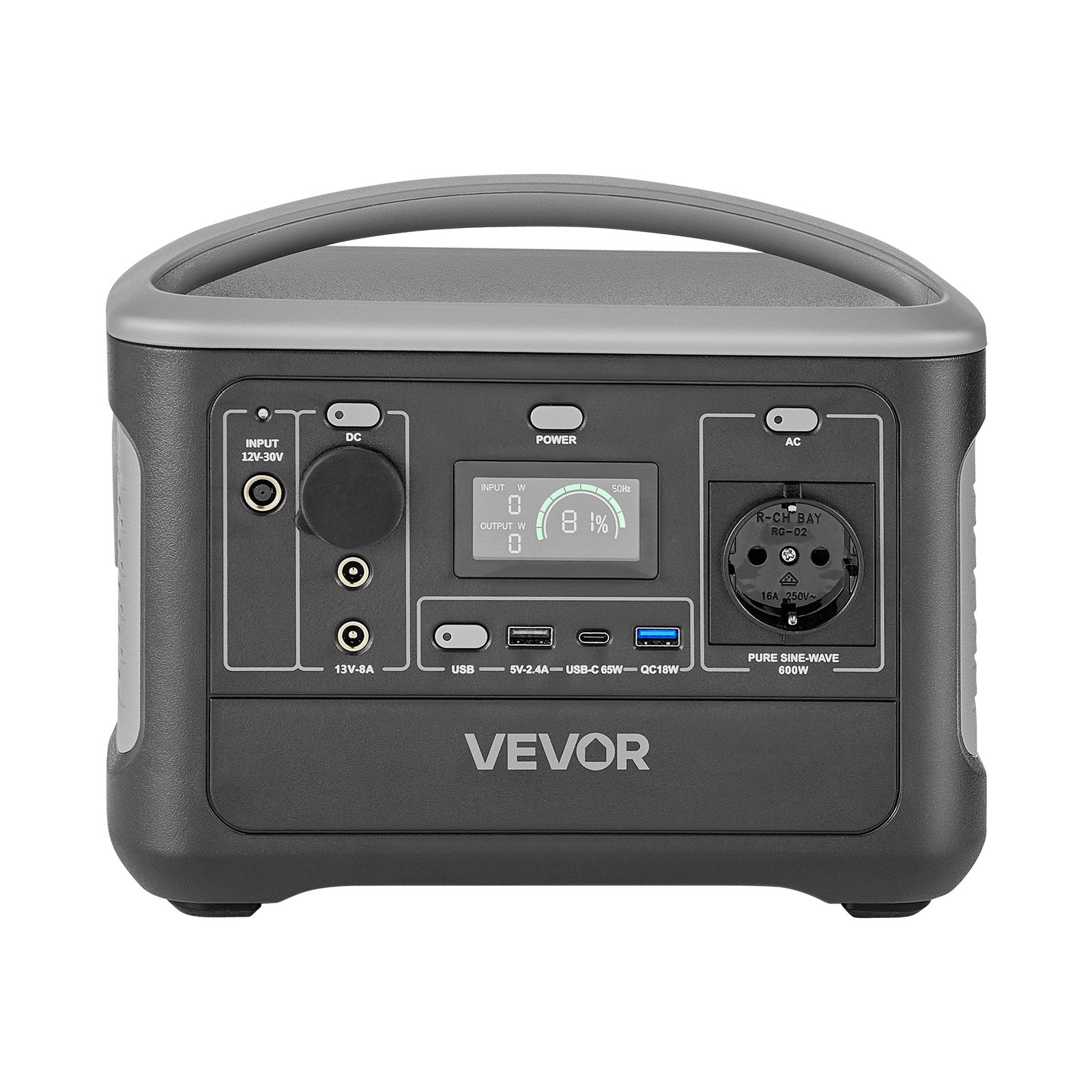 VEVOR Estación de Energía Portátil 600 W, Generador de Energía Batería de Respaldo LiFePO4 de 493 Wh, con 7 Puertos de Salida para Hogar, Campamentos, Viajes en Autocaravana, Panel Solar No Incluido