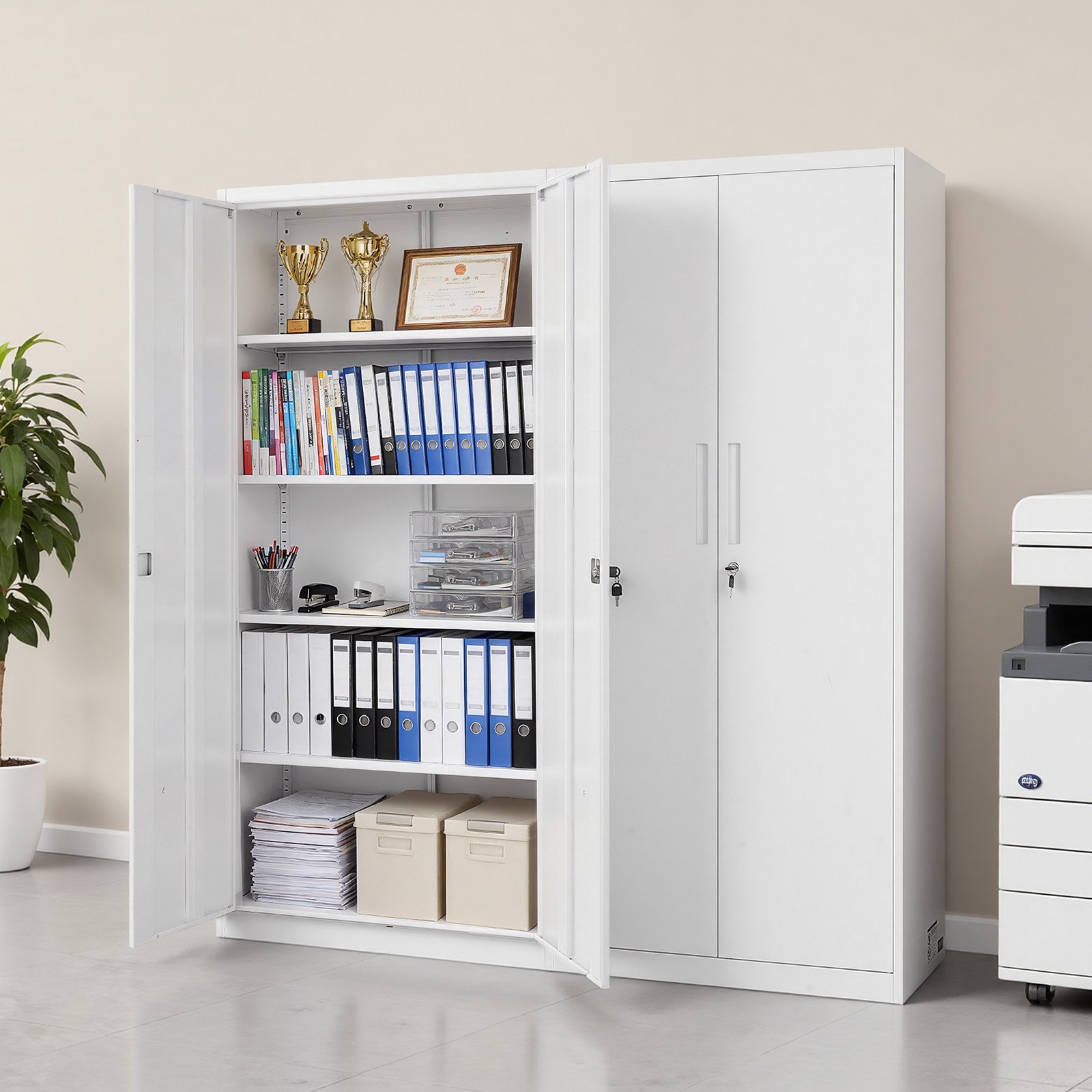 VEVOR Armario de Almacenamiento Metálico de 5 Niveles 80 x 40 x 175 cm, Gabinete de Garaje de Acero con Cerradura, para Herramientas de Despensa, Almacén, Sótano, Lavandería, Oficina, Blanco