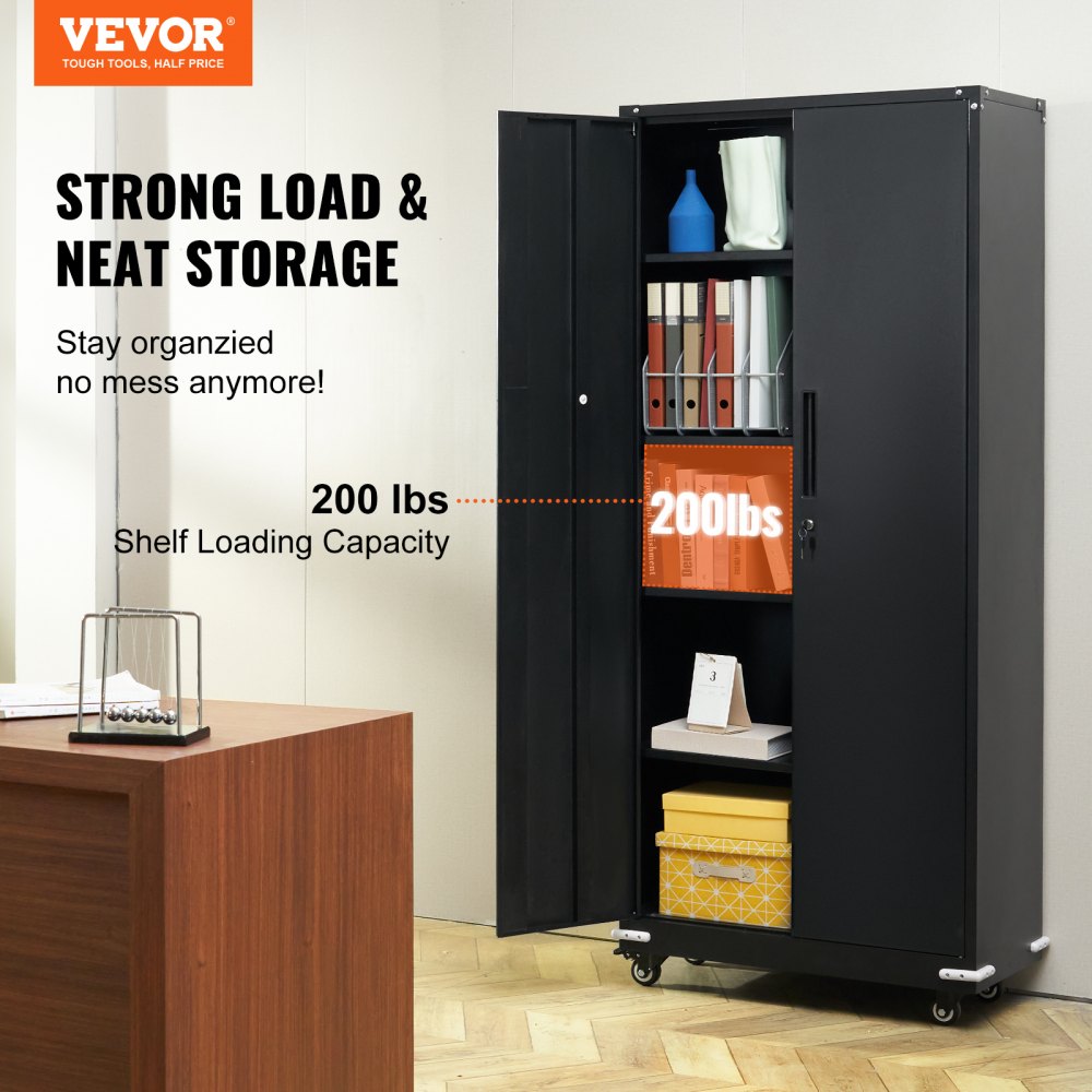 VEVOR Gabinete de metal con ruedas, gabinete con cerradura de 190,5 cm con 4 estantes ajustables y 2 puertas magnéticas, capacidad de 90,7 kg por estante, gabinete de metal con 3 llaves, negro