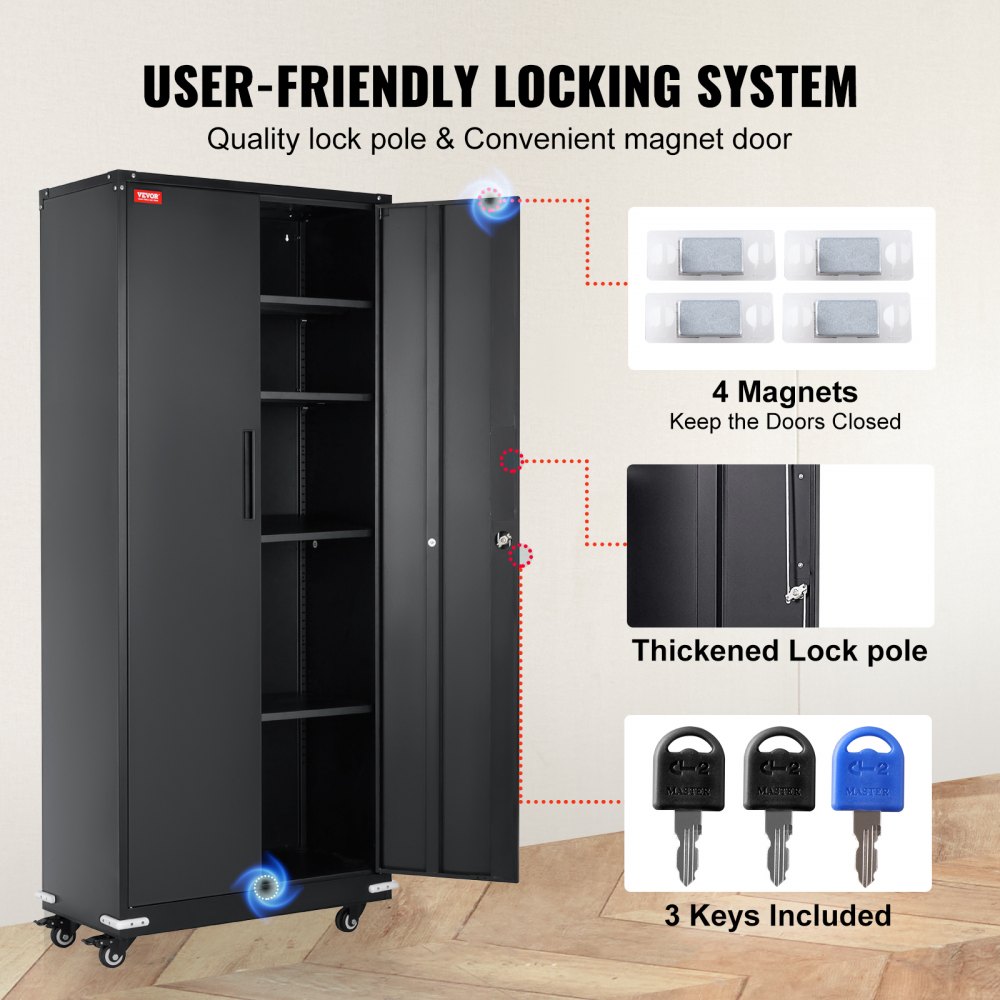 VEVOR Gabinete de metal con ruedas, gabinete con cerradura de 190,5 cm con 4 estantes ajustables y 2 puertas magnéticas, capacidad de 90,7 kg por estante, gabinete de metal con 3 llaves, negro