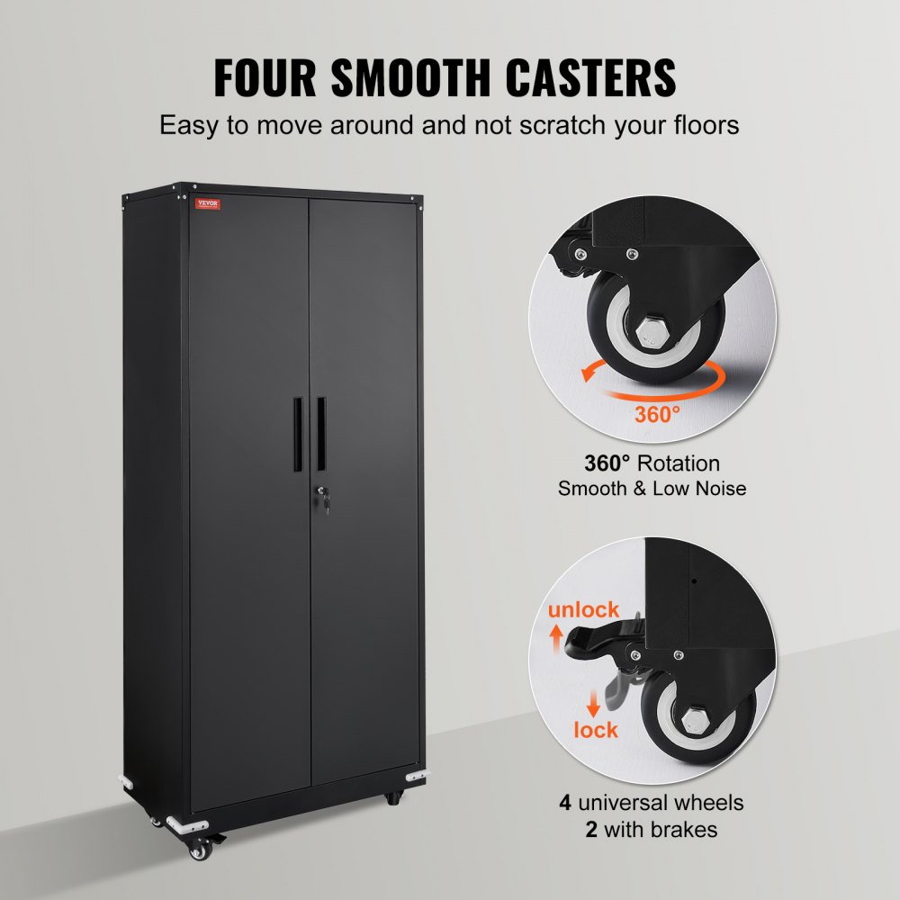 VEVOR Gabinete de metal con ruedas, gabinete con cerradura de 190,5 cm con 4 estantes ajustables y 2 puertas magnéticas, capacidad de 90,7 kg por estante, gabinete de metal con 3 llaves, negro