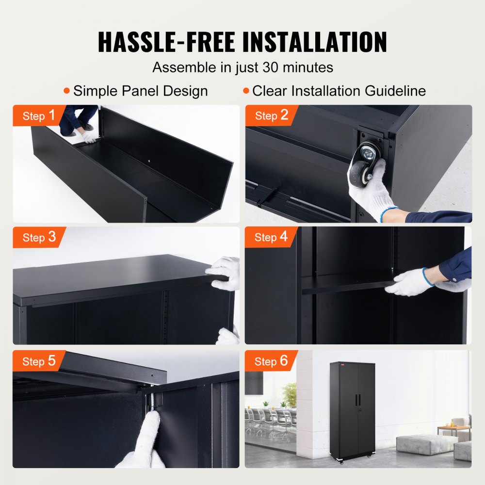VEVOR Gabinete de metal con ruedas, gabinete con cerradura de 190,5 cm con 4 estantes ajustables y 2 puertas magnéticas, capacidad de 90,7 kg por estante, gabinete de metal con 3 llaves, negro