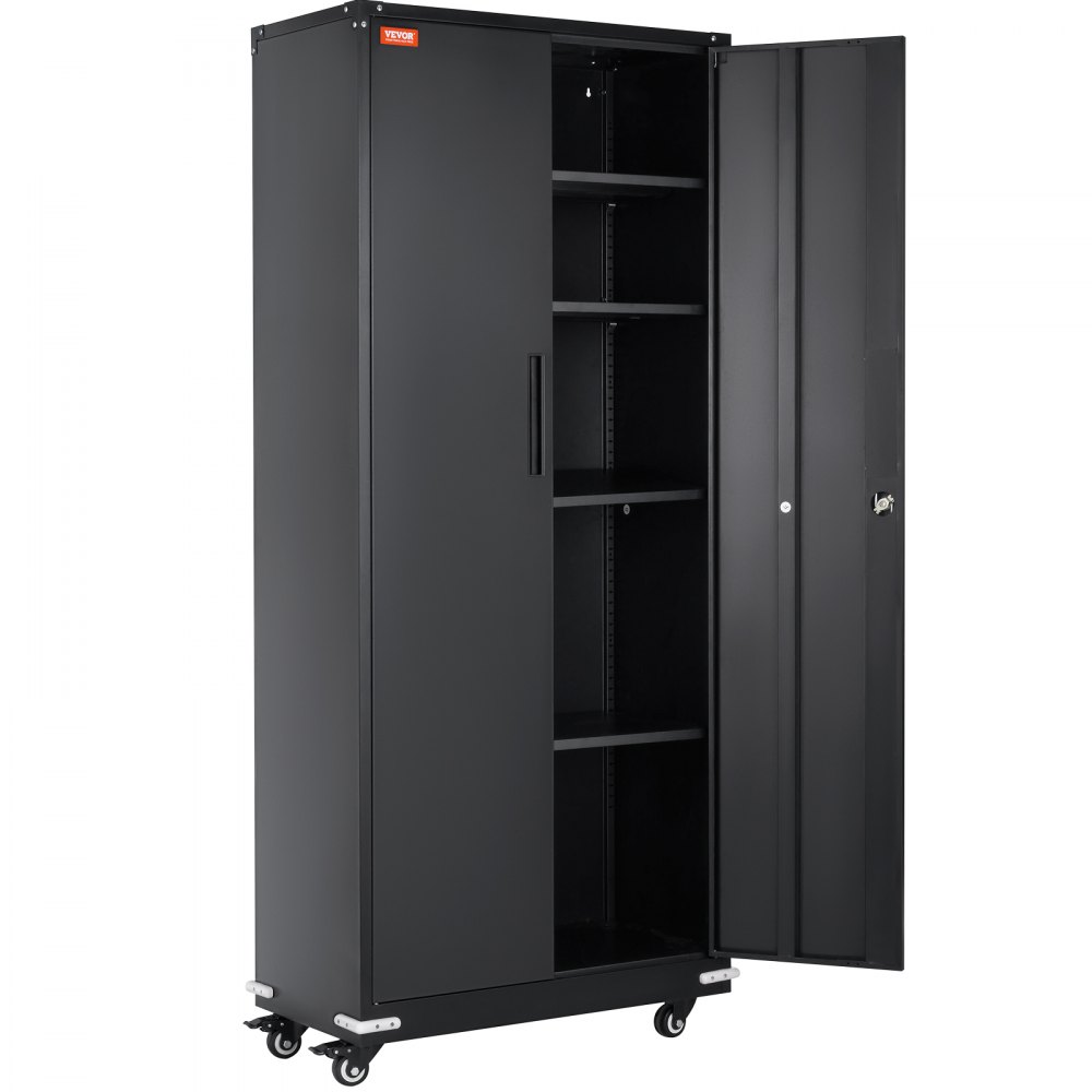VEVOR Gabinete de metal con ruedas, gabinete con cerradura de 190,5 cm con 4 estantes ajustables y 2 puertas magnéticas, capacidad de 90,7 kg por estante, gabinete de metal con 3 llaves, negro