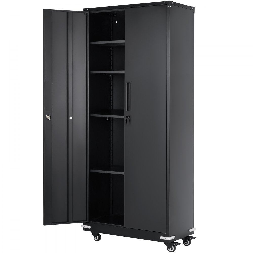 VEVOR Gabinete de metal con ruedas, gabinete con cerradura de 190,5 cm con 4 estantes ajustables y 2 puertas magnéticas, capacidad de 90,7 kg por estante, gabinete de metal con 3 llaves, negro