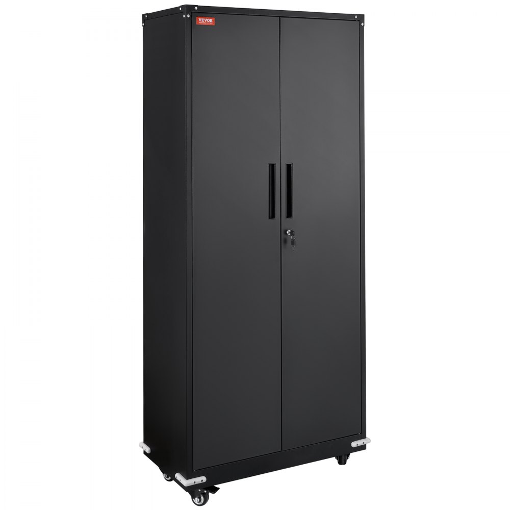 VEVOR Gabinete de metal con ruedas, gabinete con cerradura de 190,5 cm con 4 estantes ajustables y 2 puertas magnéticas, capacidad de 90,7 kg por estante, gabinete de metal con 3 llaves, negro