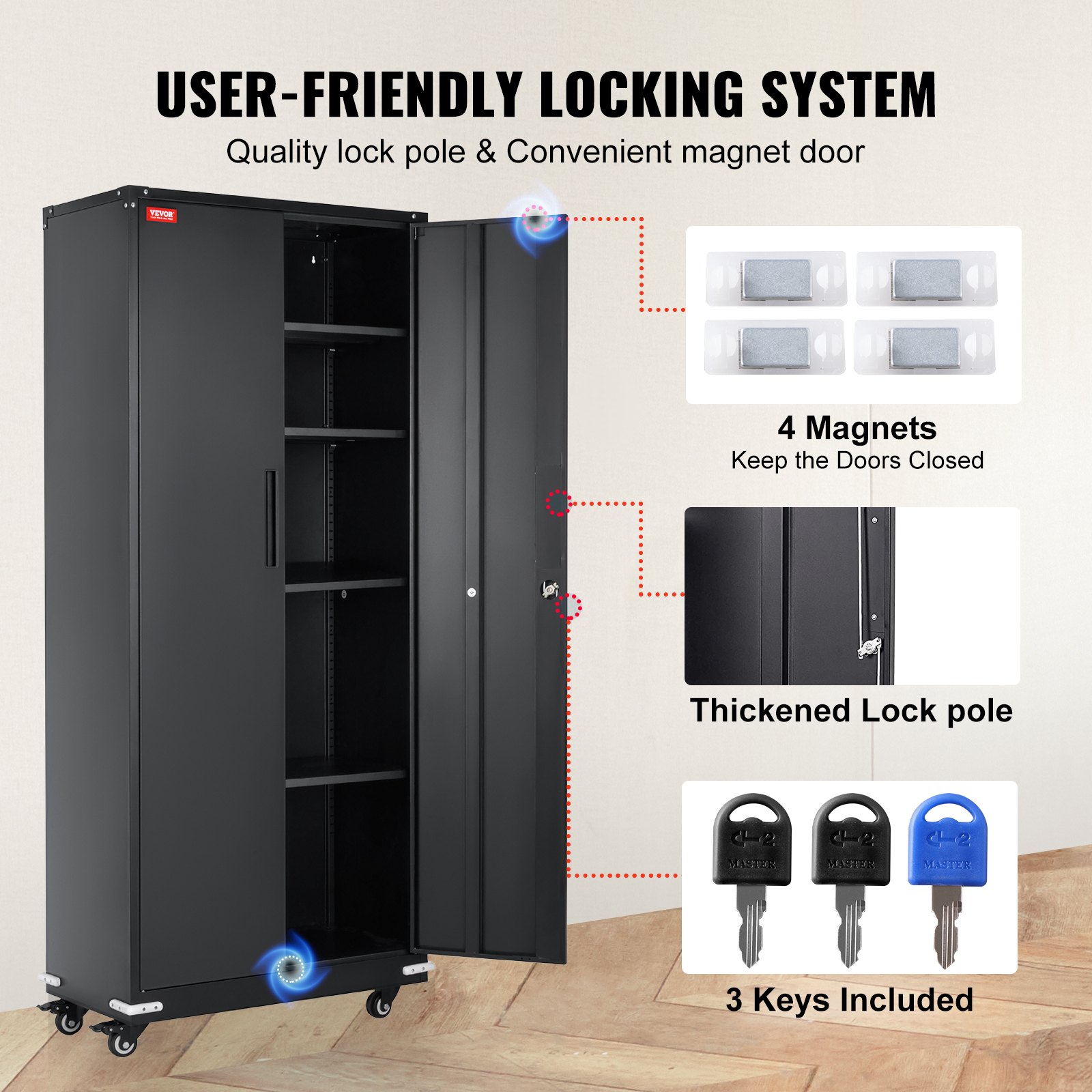 VEVOR Gabinete de metal con ruedas, gabinete con cerradura de 190,5 cm con 4 estantes ajustables y 2 puertas magnéticas, capacidad de 90,7 kg por estante, gabinete de metal con 3 llaves, negro