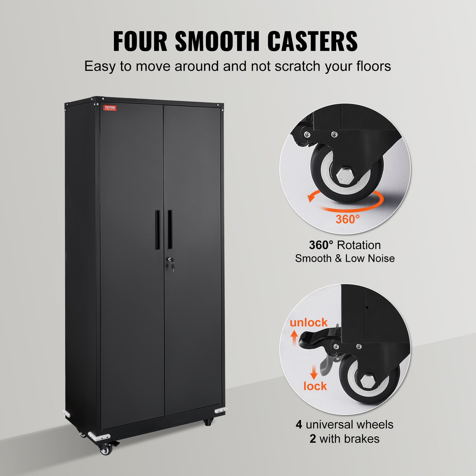VEVOR Gabinete de metal con ruedas, gabinete con cerradura de 190,5 cm con 4 estantes ajustables y 2 puertas magnéticas, capacidad de 90,7 kg por estante, gabinete de metal con 3 llaves, negro