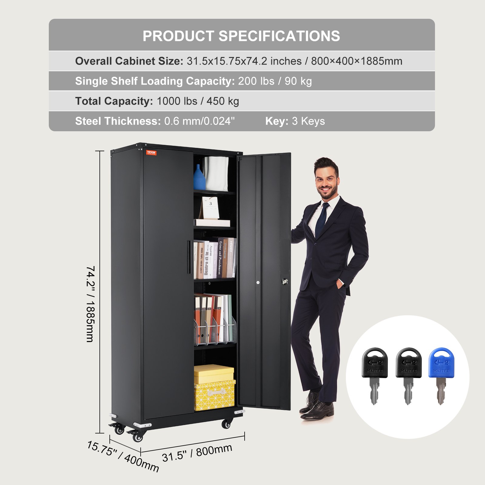 VEVOR Gabinete de metal con ruedas, gabinete con cerradura de 190,5 cm con 4 estantes ajustables y 2 puertas magnéticas, capacidad de 90,7 kg por estante, gabinete de metal con 3 llaves, negro