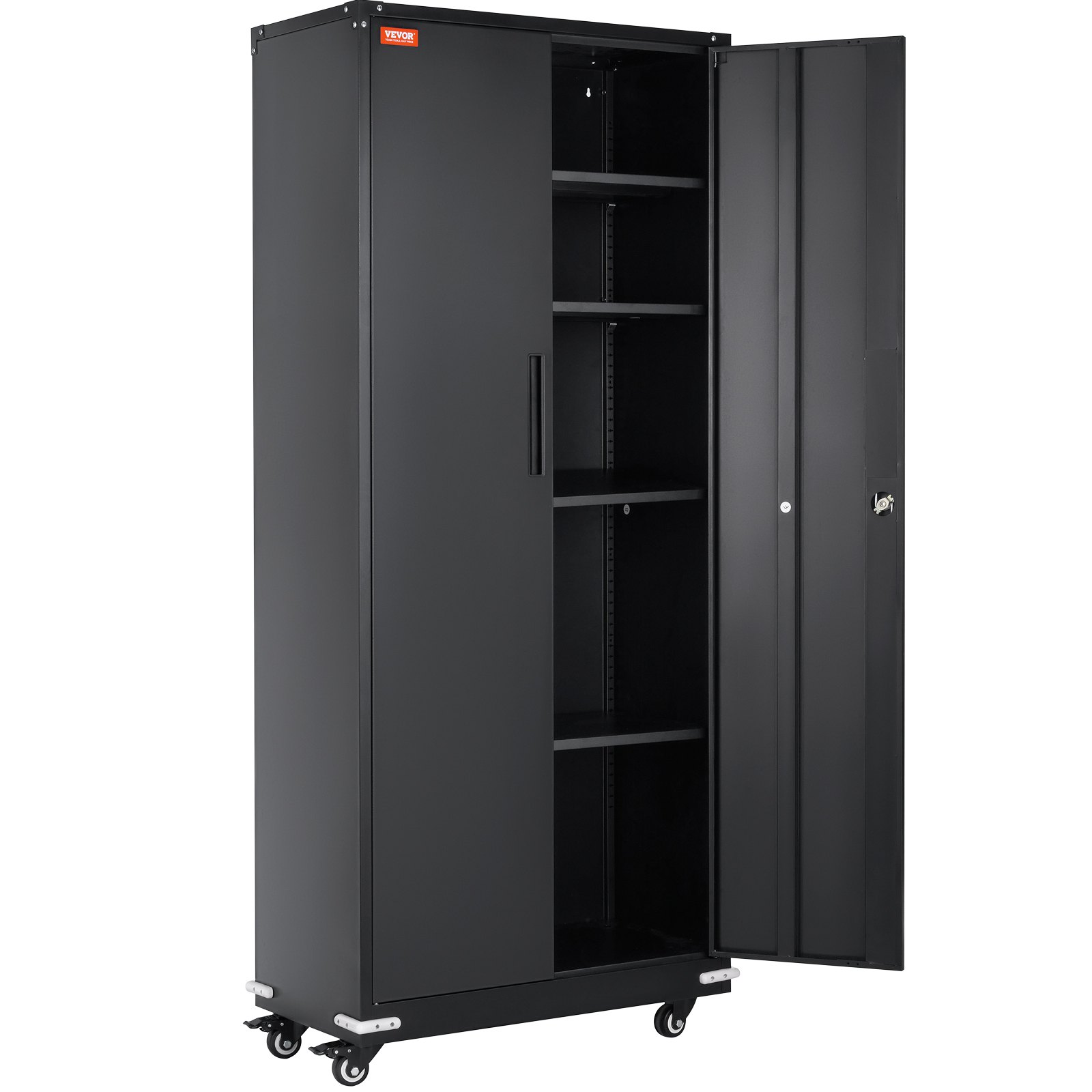 VEVOR Gabinete de metal con ruedas, gabinete con cerradura de 190,5 cm con 4 estantes ajustables y 2 puertas magnéticas, capacidad de 90,7 kg por estante, gabinete de metal con 3 llaves, negro