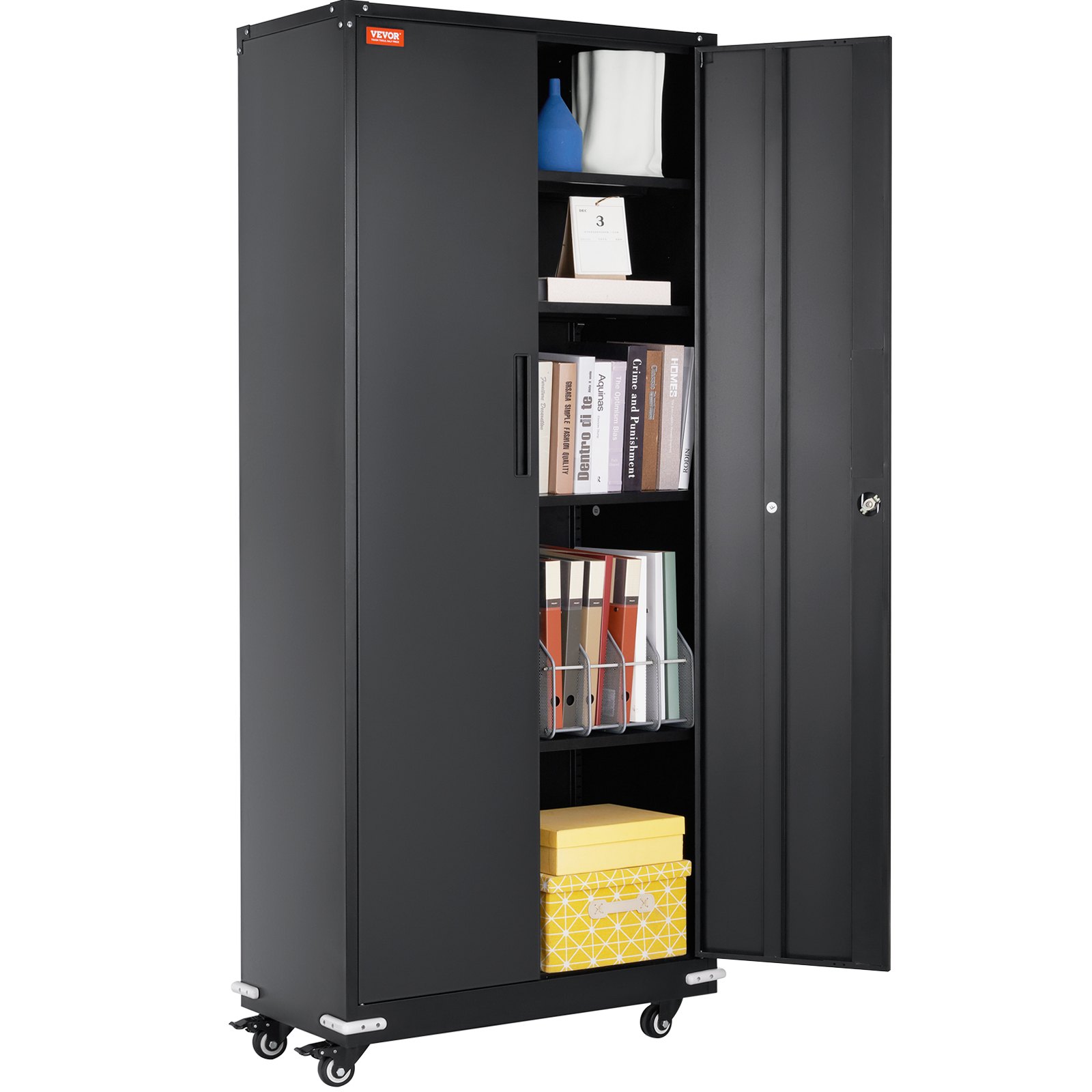 VEVOR Gabinete de metal con ruedas, gabinete con cerradura de 190,5 cm con 4 estantes ajustables y 2 puertas magnéticas, capacidad de 90,7 kg por estante, gabinete de metal con 3 llaves, negro