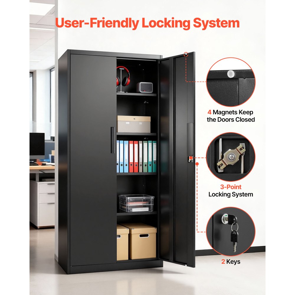 VEVOR Armario Metálico de Almacenamiento 80 x 40 x 175 cm, Armario Multifuncional con Cerradura Puertas Magnéticas 2 Llaves 4 Estantes Ajustables, Mueble Organizador para Oficina Taller Almacén, Negro