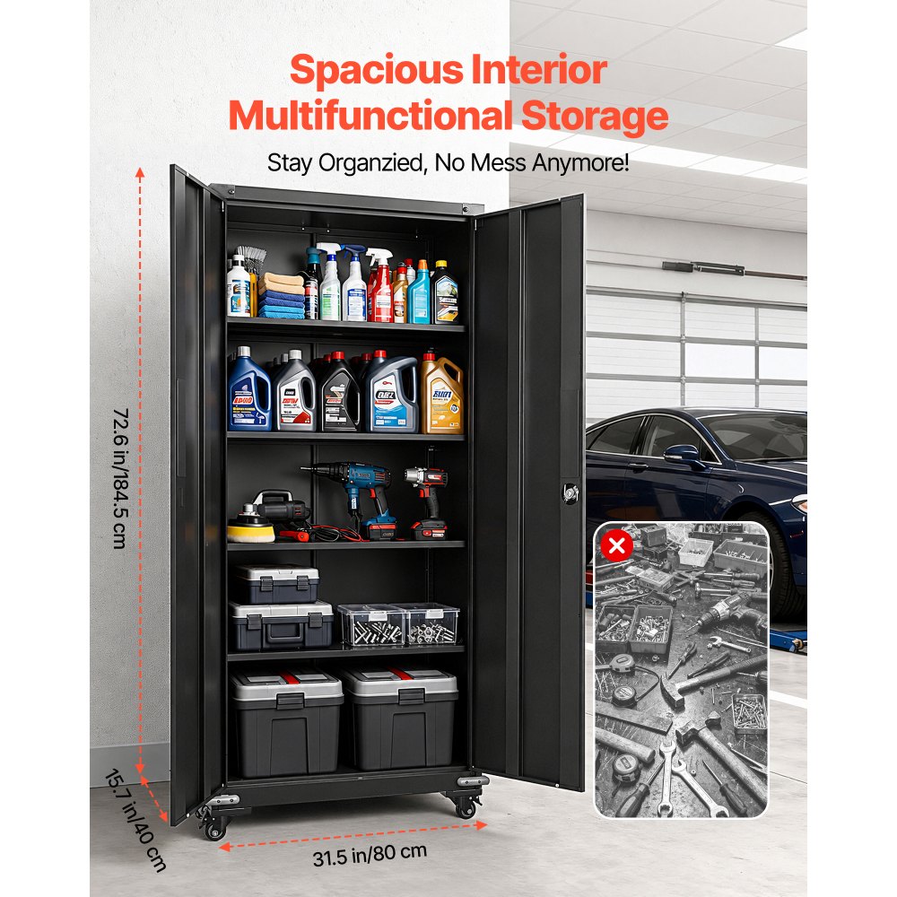 VEVOR Armario Metálico de Almacenamiento, 80 x 40 x 184,5 cm, Armario Multifuncional, con Ruedas Puertas Magnéticas Llaves Estantes Ajustables, Antivuelco, Mueble Archivador para Oficina Garaje Hogar