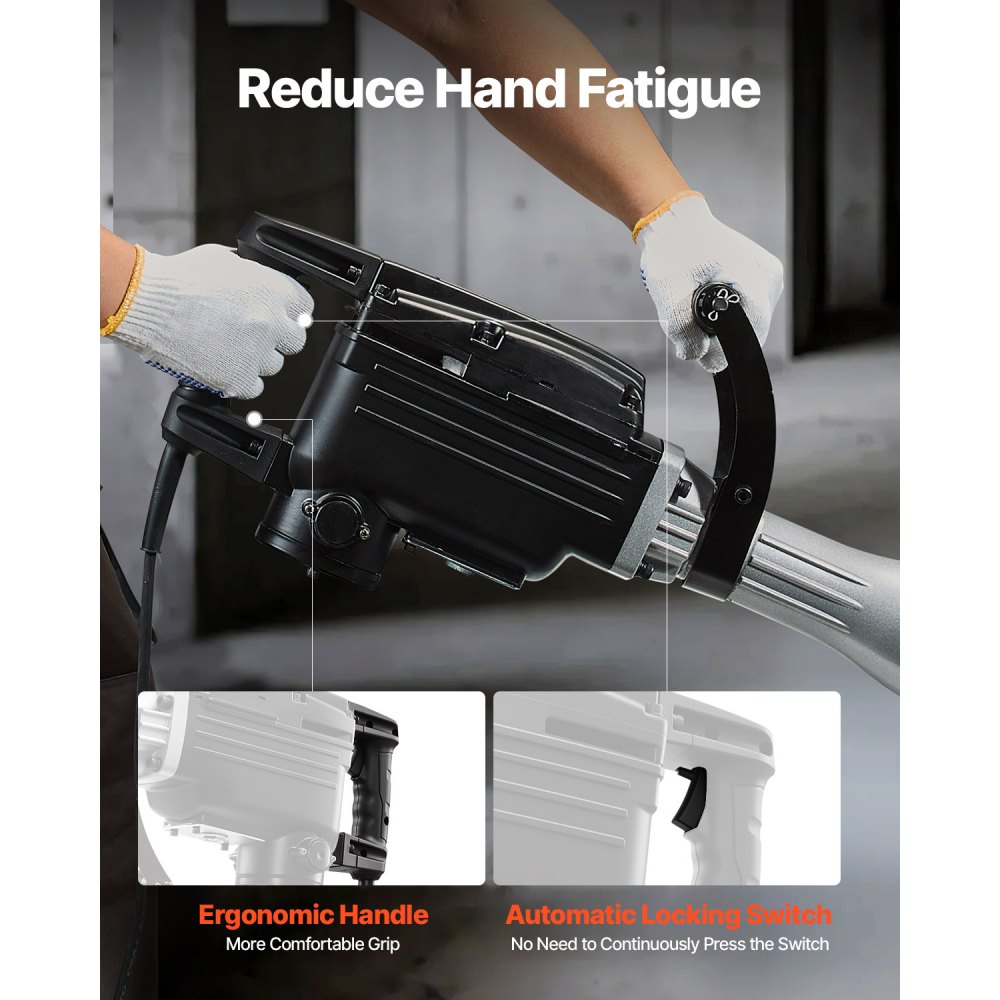 VEVOR Martillo Demoledor Eléctrico de 2800 W y 1200 BPM, con 3 Cinceles, Pala de Arcilla, Guantes y Gafas de Seguridad, para Paredes de Hormigón, Trabajos de Tuberías y Plomería, Color Negro