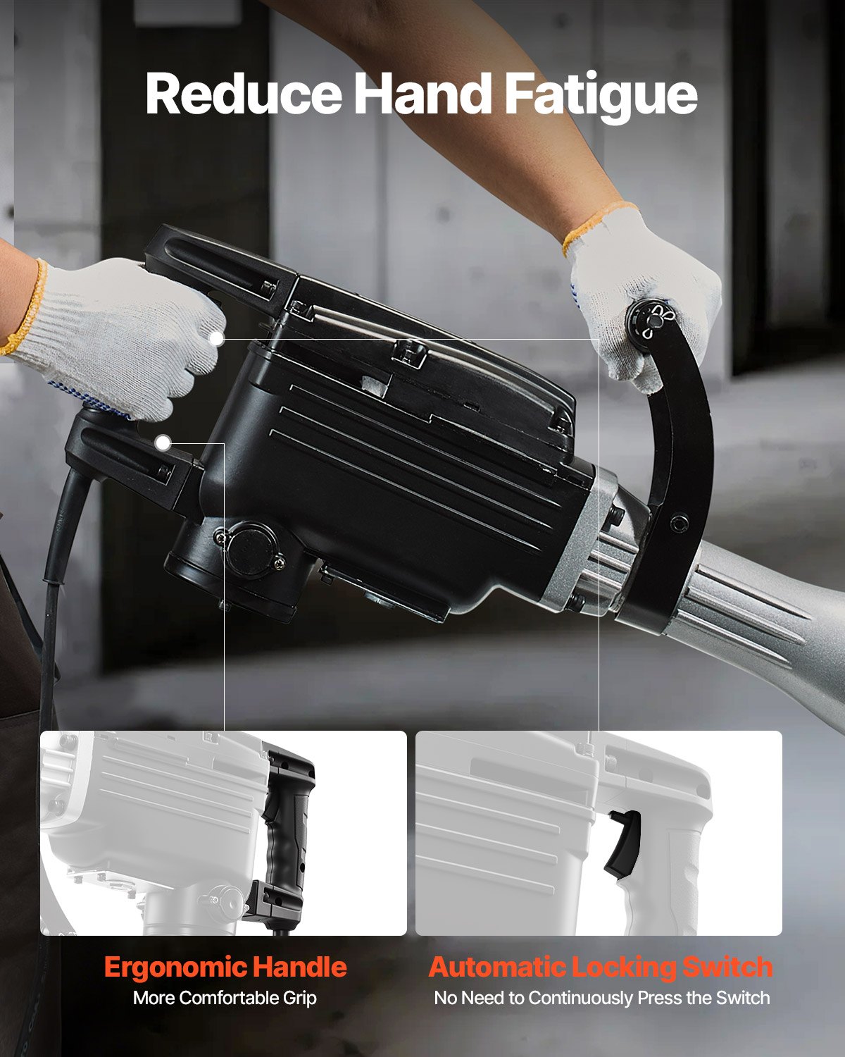 VEVOR Martillo Demoledor Eléctrico de 2800 W y 1200 BPM, con 3 Cinceles, Pala de Arcilla, Guantes y Gafas de Seguridad, para Paredes de Hormigón, Trabajos de Tuberías y Plomería, Color Negro