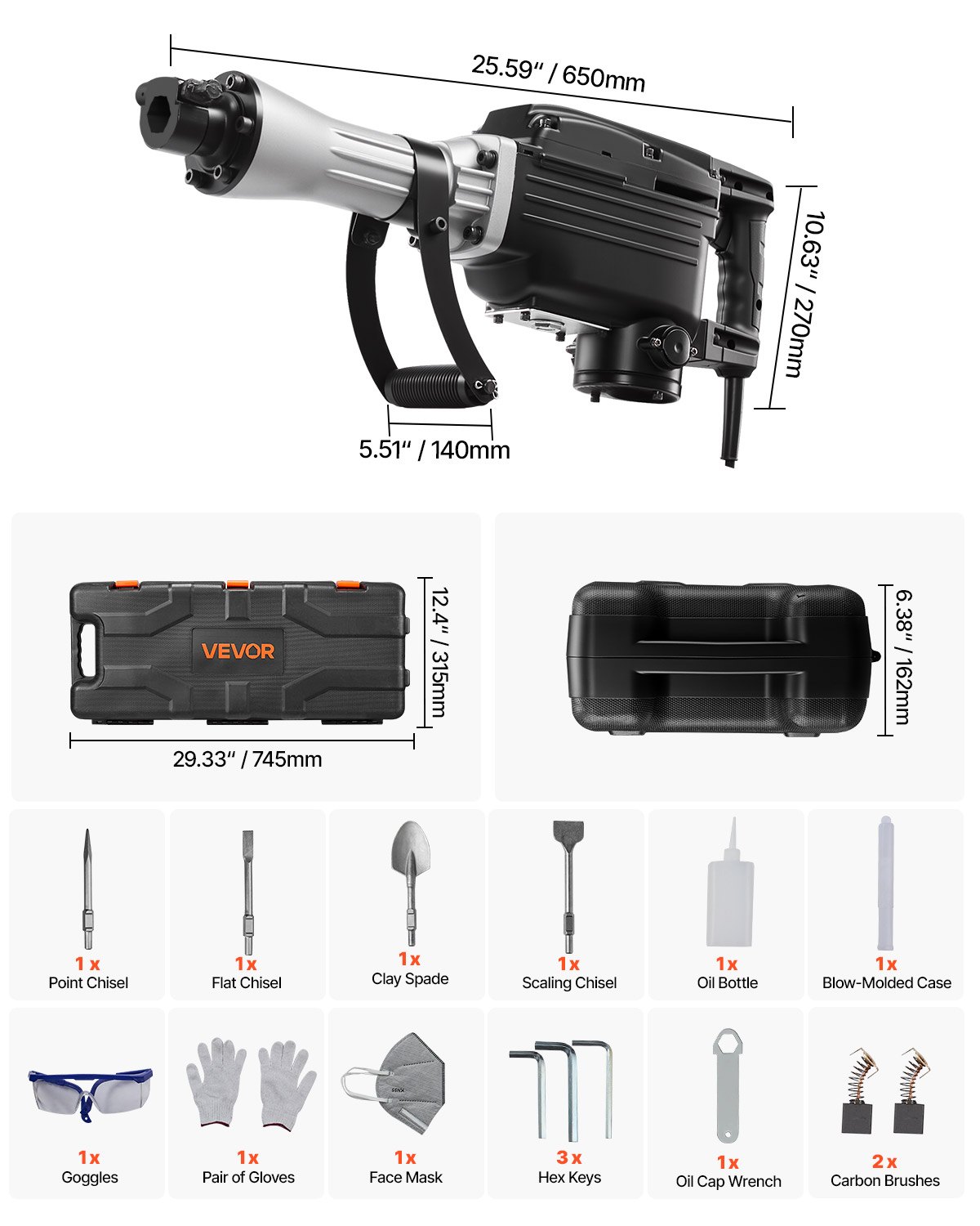 VEVOR Martillo Demoledor Eléctrico de 2800 W y 1200 BPM, con 3 Cinceles, Pala de Arcilla, Guantes y Gafas de Seguridad, para Paredes de Hormigón, Trabajos de Tuberías y Plomería, Color Negro