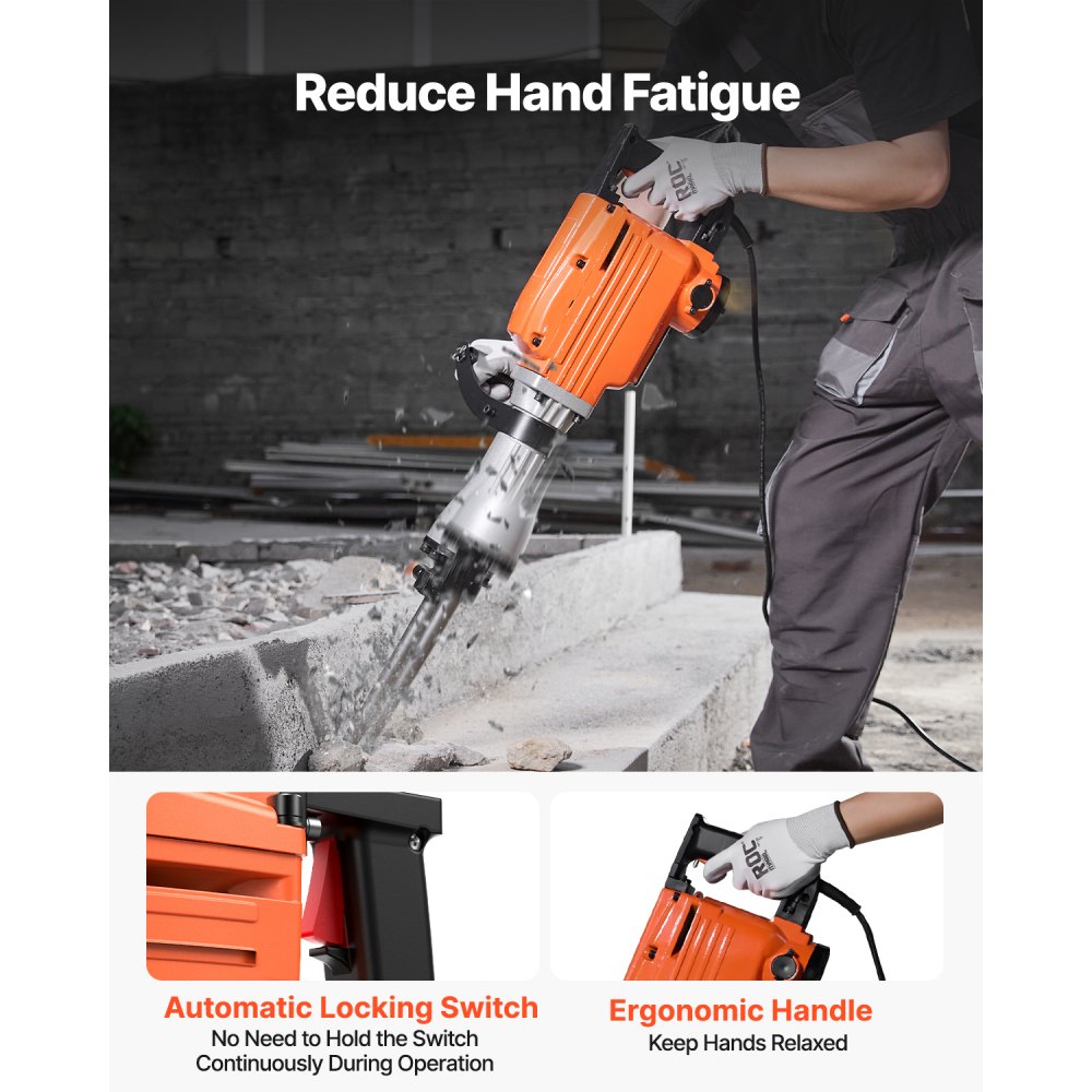 VEVOR Martillo de Demolición 2200W 66J 1350BPM Martillo Eléctrico con Cable 1-1/8" con 6 Cinceles Reemplazables Mango Giratorio 360° Rompe Hormigón Antivibración para Cincelar Construcción Fontanería