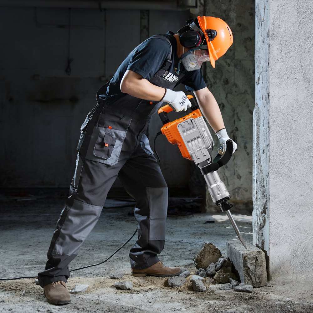VEVOR Martillo de Demolición 3500W 60J 1900BPM Martillo Eléctrico con Cable 1-1/8" con 2 Cinceles Reemplazables Mango Giratorio 360° Rompe Hormigón Antivibración para Cincelar Construcción Fontanería
