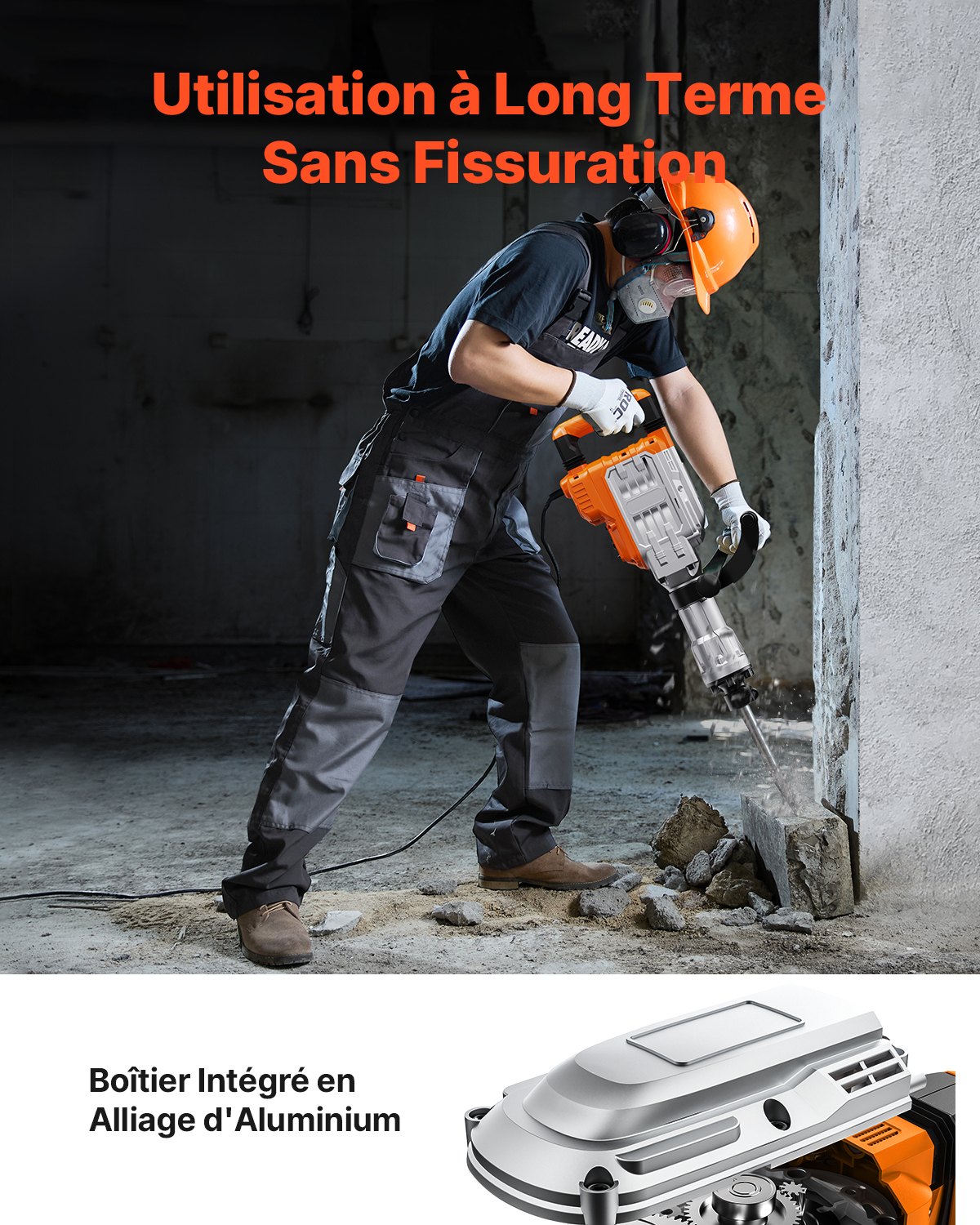 VEVOR Martillo de Demolición 3500W 60J 1900BPM Martillo Eléctrico con Cable 1-1/8" con 2 Cinceles Reemplazables Mango Giratorio 360° Rompe Hormigón Antivibración para Cincelar Construcción Fontanería
