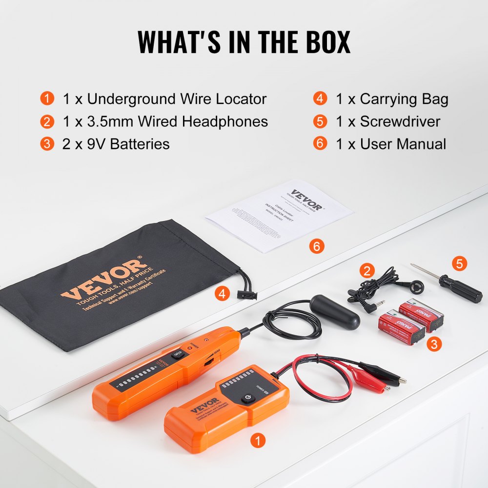 VEVOR Localizador de Cables Subterráneos, Profundidad de Detección de Hasta 1 m y Longitud de Detección de 305 m, Rastreador de Cables y Detector de Roturas con Auriculares para Vallas para Mascotas