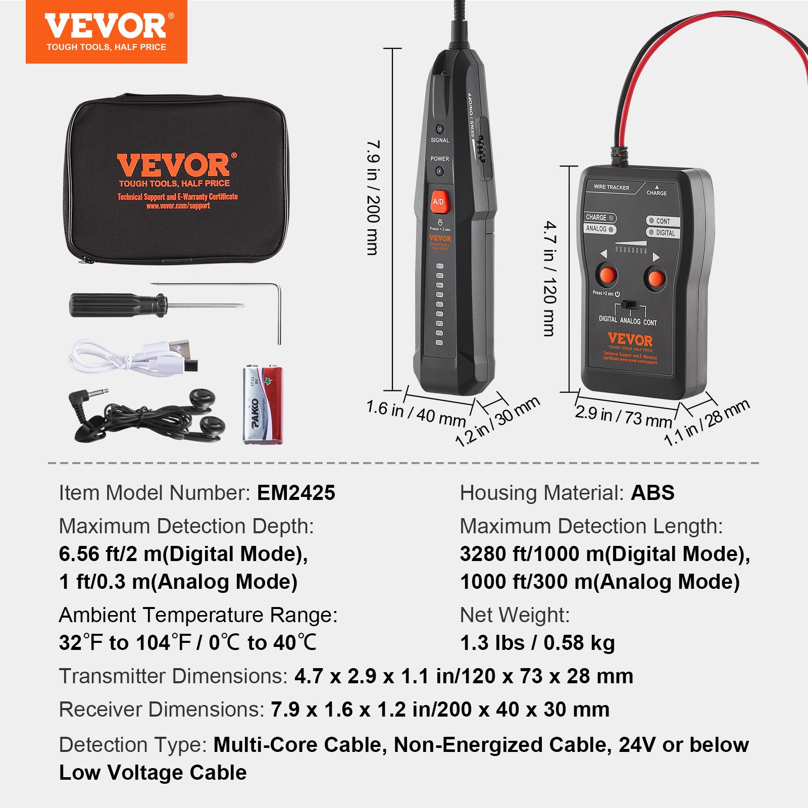 VEVOR Localizador de Cables Subterráneos, Profundidad de Detección de Hasta 2 m y Rango de Detección de 1000 m en Modo Digital, Rastreador de Cables y Detector de Roturas con Auriculares Incluidos