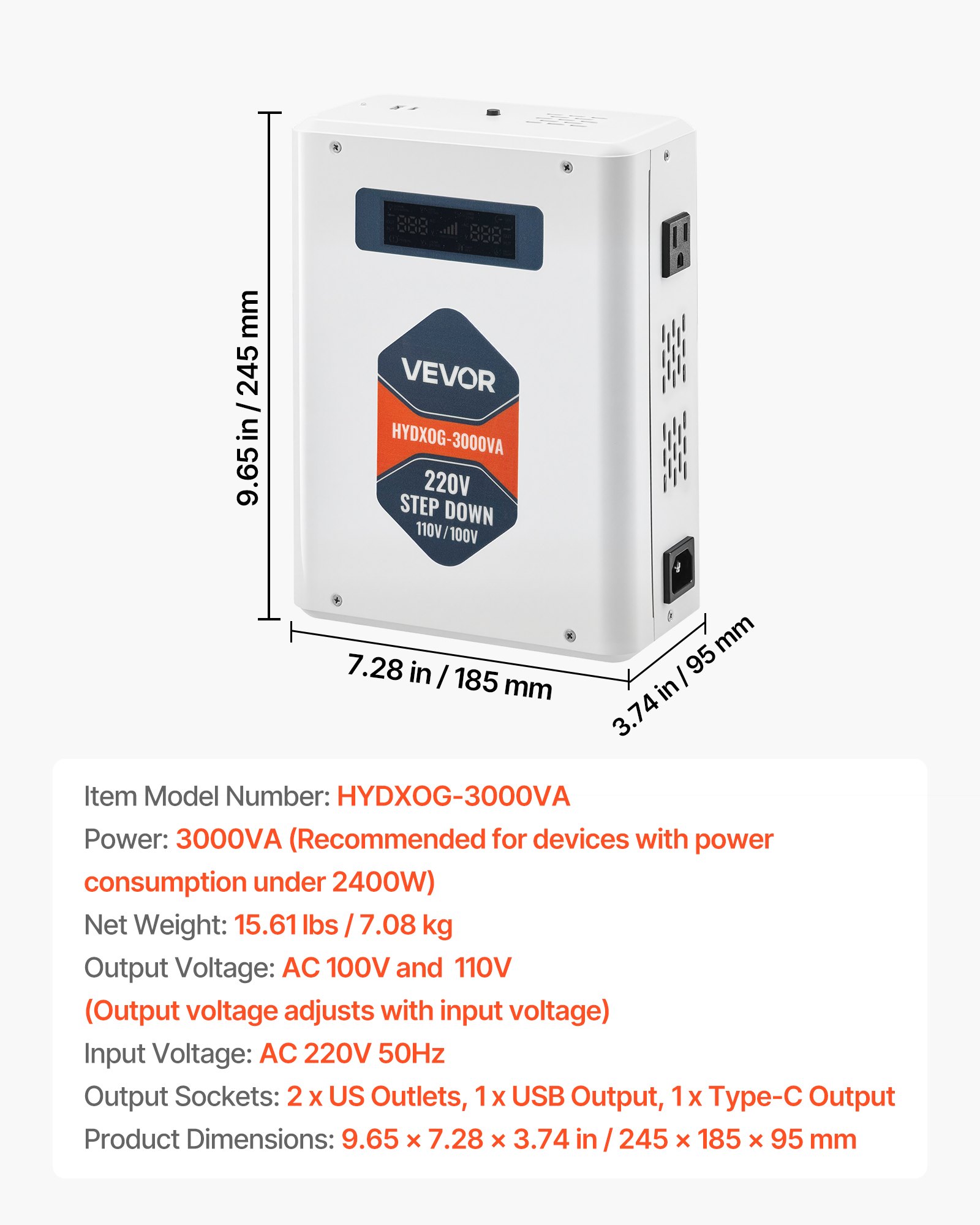 VEVOR Convertidor Reductor de Voltaje 3000 VA, Transformador de Potencia 220 V a 110 V de Alta Resistencia con 2 Tomas Corriente Estadounidenses, Salida USB, Pantalla LCD, Protección Temperatura