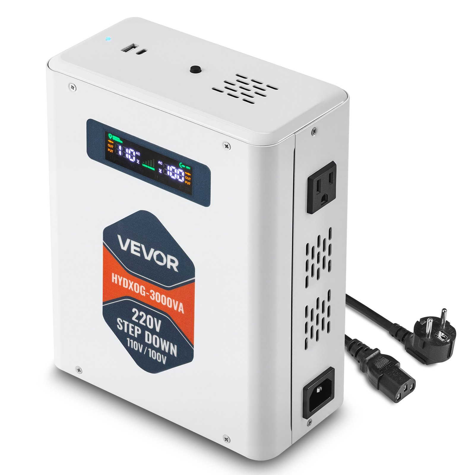 VEVOR Convertidor Reductor de Voltaje 3000 VA, Transformador de Potencia 220 V a 110 V de Alta Resistencia con 2 Tomas Corriente Estadounidenses, Salida USB, Pantalla LCD, Protección Temperatura