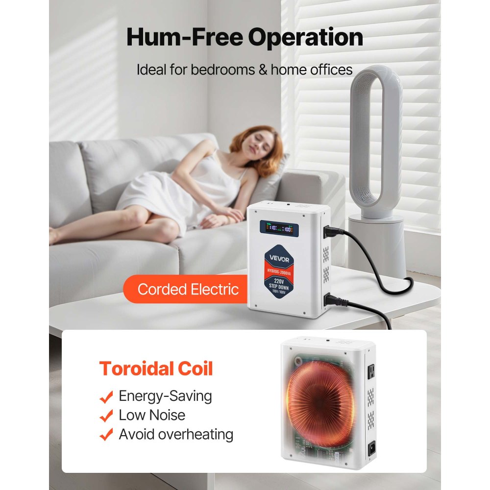 VEVOR Convertidor Reductor de Voltaje de 2000 VA, de 220 V a 110 V, de Alta Resistencia, con 2 Tomas de Corriente Estadounidenses, Salida USB, Pantalla LCD, Protección de Temperatura, Blanco
