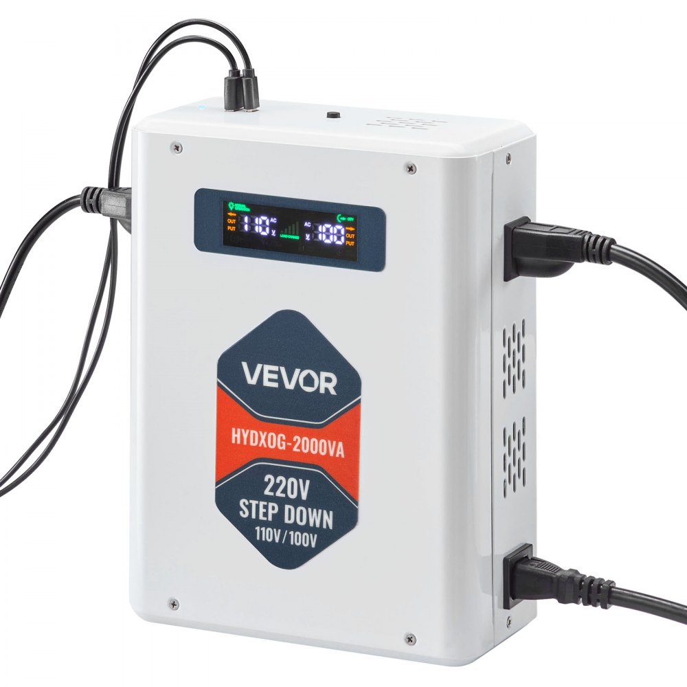 VEVOR Convertidor Reductor de Voltaje de 2000 VA, de 220 V a 110 V, de Alta Resistencia, con 2 Tomas de Corriente Estadounidenses, Salida USB, Pantalla LCD, Protección de Temperatura, Blanco