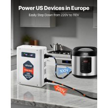 VEVOR Convertidor Reductor de Voltaje de 2000 VA, de 220 V a 110 V, de Alta Resistencia, con 2 Tomas de Corriente Estadounidenses, Salida USB, Pantalla LCD, Protección de Temperatura, Blanco