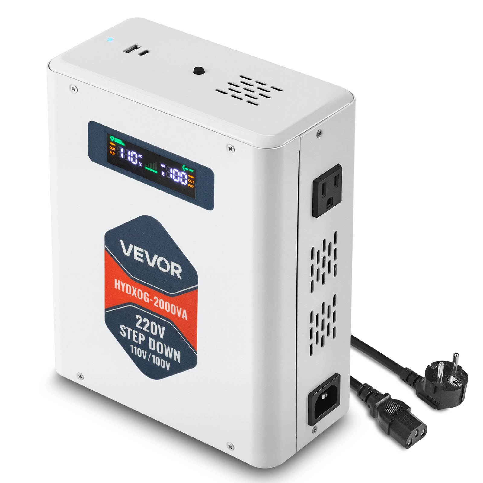 VEVOR Convertidor Reductor de Voltaje de 2000 VA, de 220 V a 110 V, de Alta Resistencia, con 2 Tomas de Corriente Estadounidenses, Salida USB, Pantalla LCD, Protección de Temperatura, Blanco