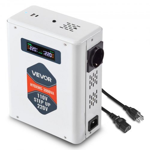 VEVOR Convertidor Elevador de Voltaje 3000 VA, Transformador de Potencia 110 V a 220 V de Alta Resistencia con 2 Tomas de Corriente de la UE, Salida USB, Pantalla LCD, Protección de Temperatura