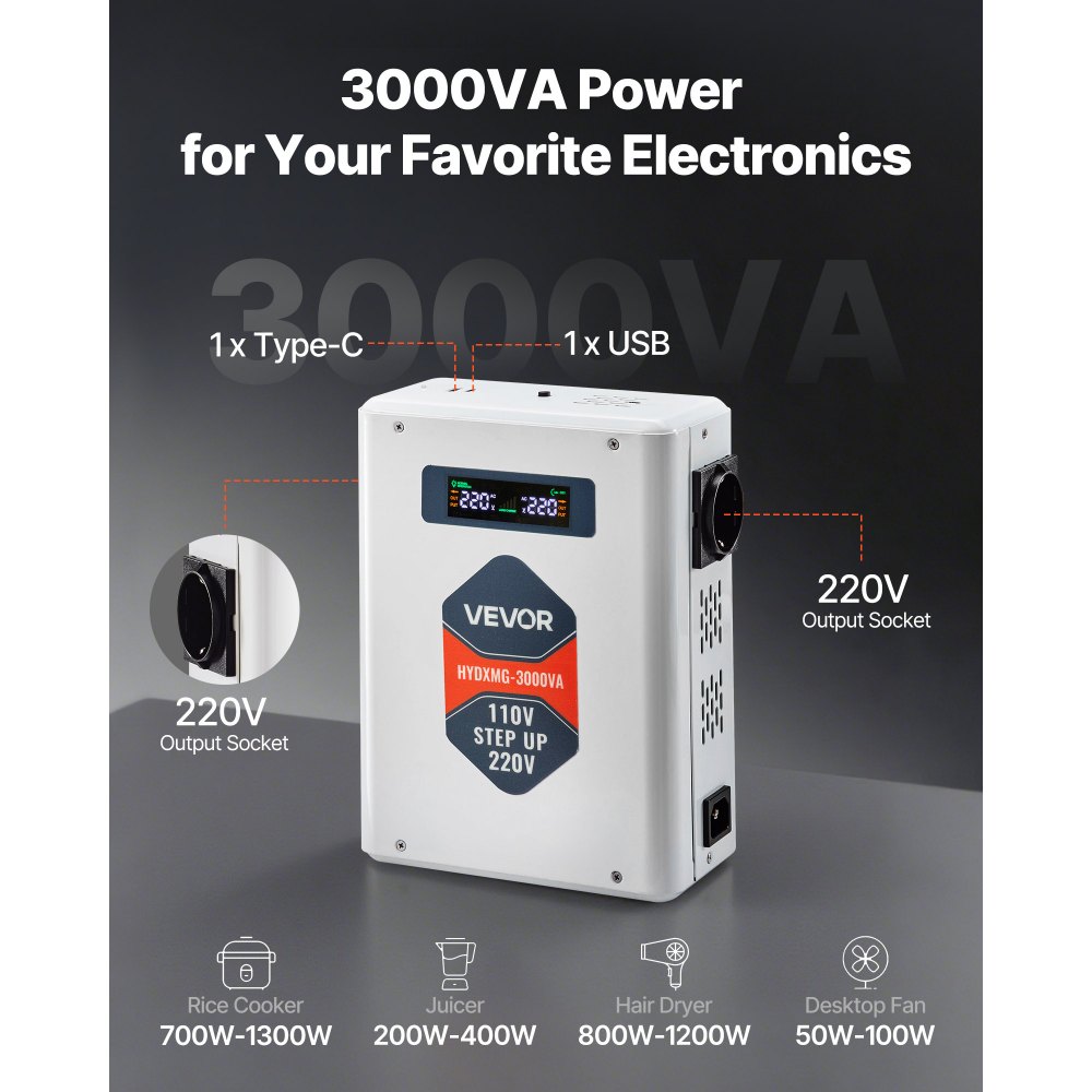 VEVOR Convertidor Elevador de Voltaje 3000 VA, Transformador de Potencia 110 V a 220 V de Alta Resistencia con 2 Tomas de Corriente de la UE, Salida USB, Pantalla LCD, Protección de Temperatura