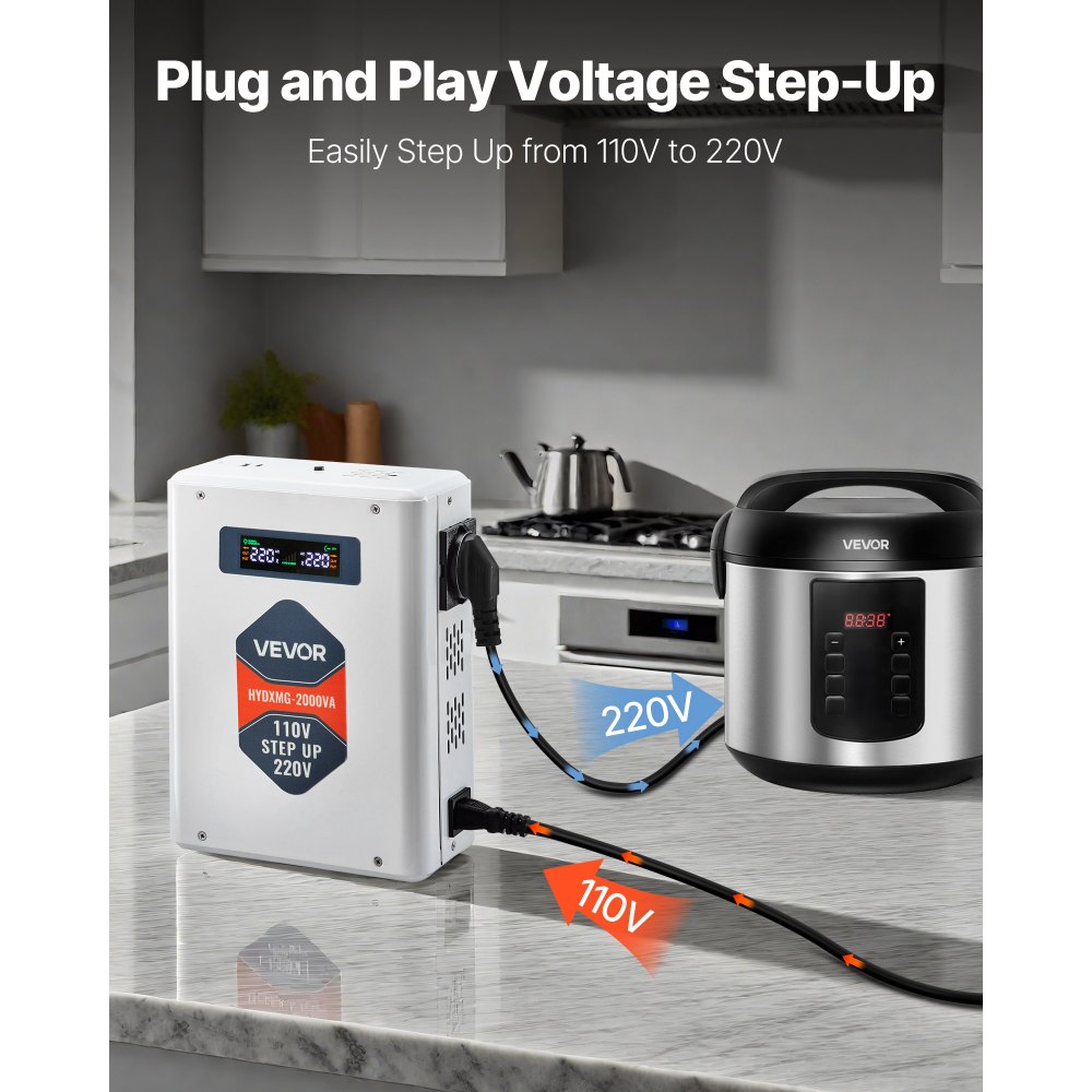 VEVOR Convertidor Elevador de Voltaje 2000 VA, de 110 V a 220 V, con 2 Tomas de Corriente de la UE, Salida USB, Pantalla LCD, Protección de Temperatura, para Electrodomésticos de 220 V, Blanco