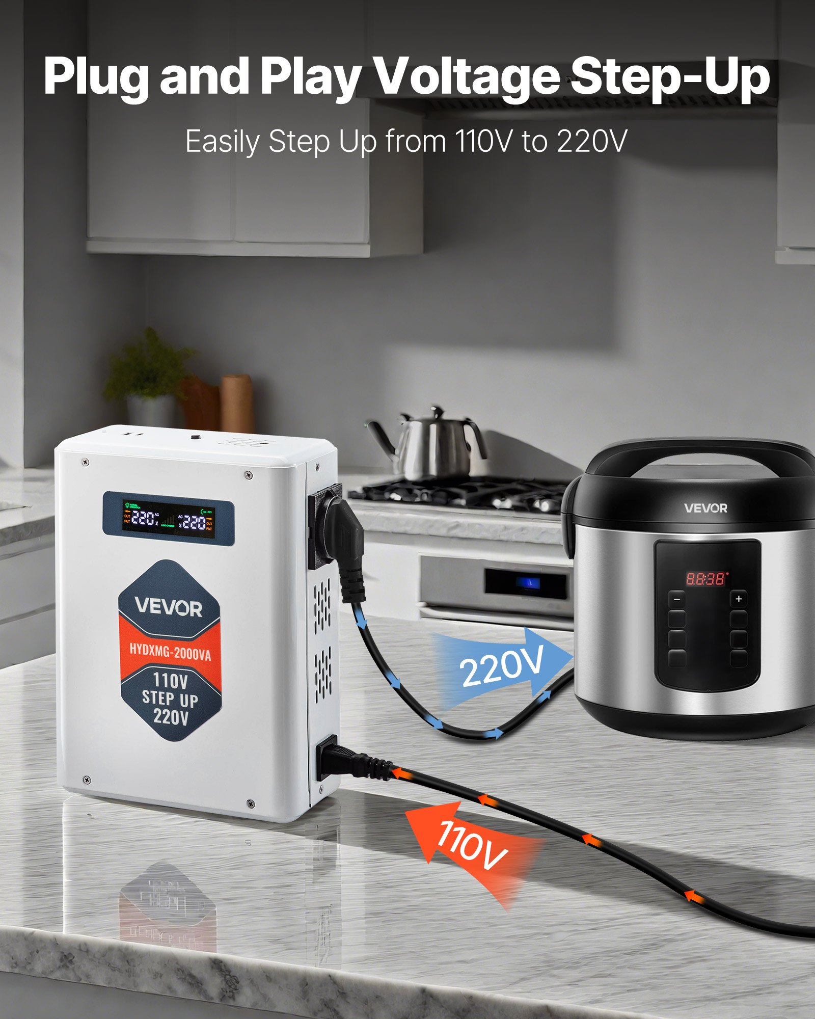 VEVOR Convertidor Elevador de Voltaje 2000 VA, de 110 V a 220 V, con 2 Tomas de Corriente de la UE, Salida USB, Pantalla LCD, Protección de Temperatura, para Electrodomésticos de 220 V, Blanco