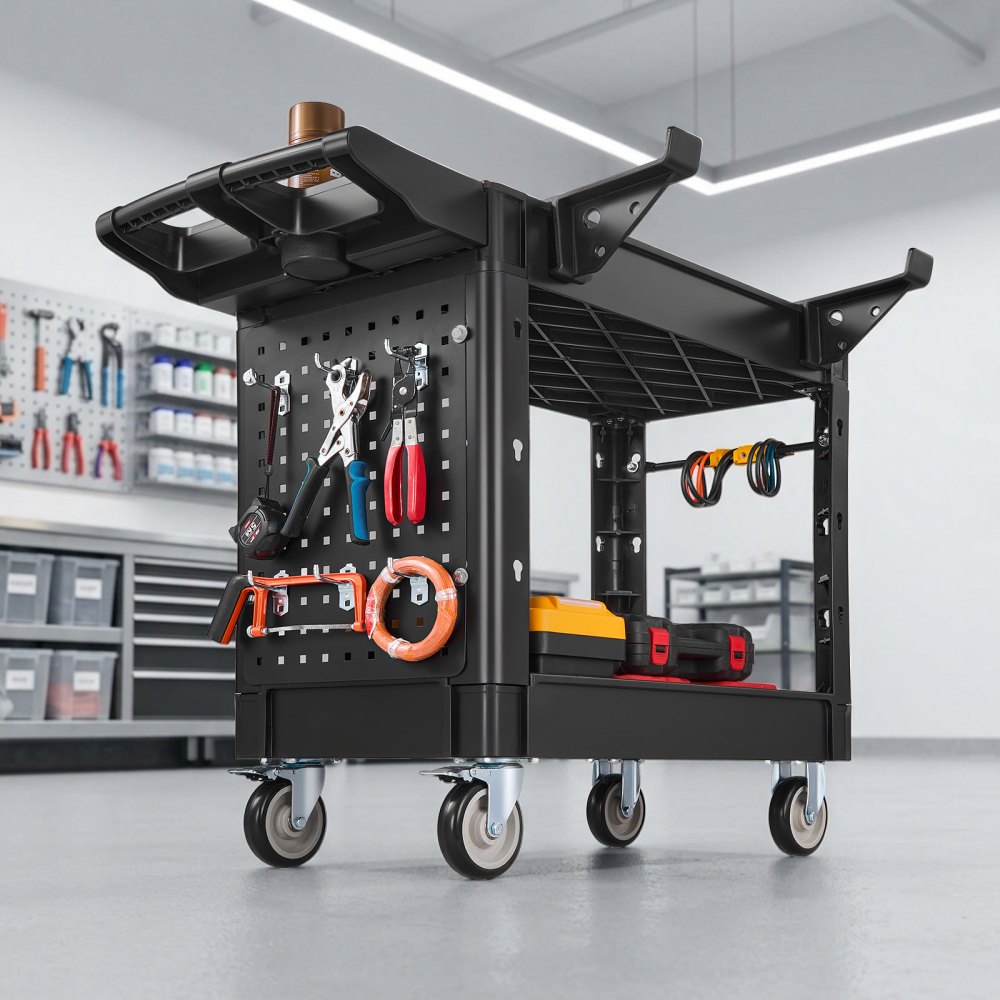 VEVOR Carro de Servicio Capacidad de 250 kg 2 Niveles con Panel Perforado, Carro Utilitario de Herramientas con Ruedas, Bloqueo, Bandeja, Estantes de PP, Carrito para Garaje, Oficina, Patio y Almacén