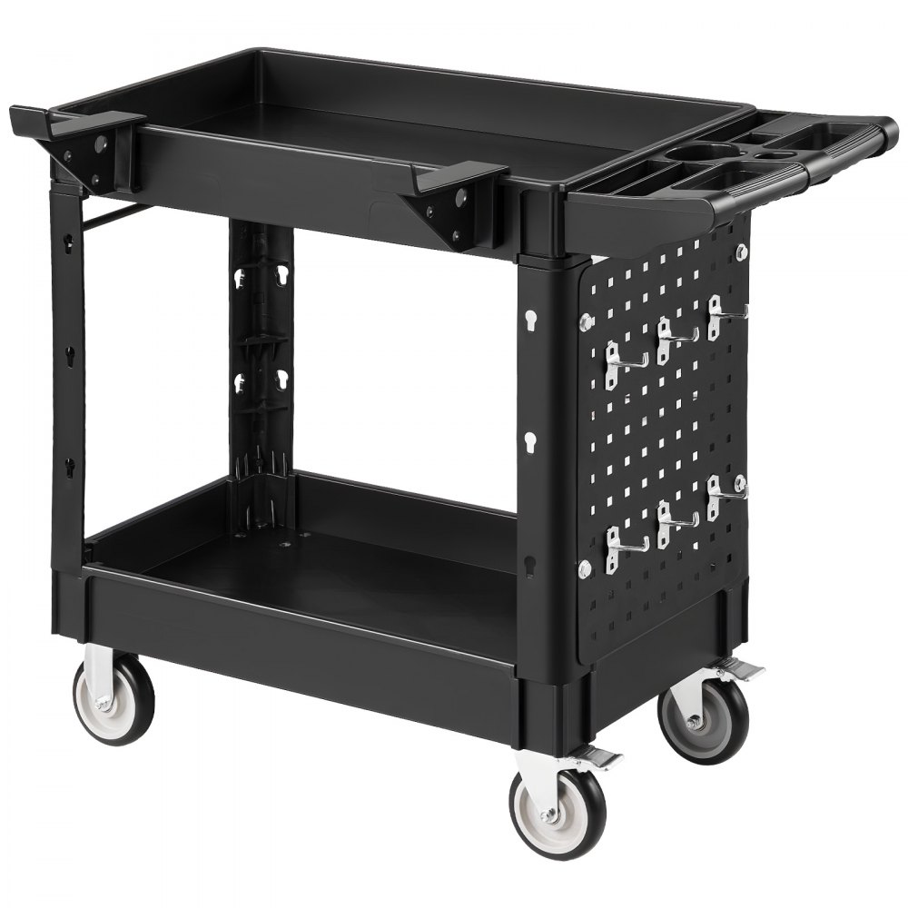 VEVOR Carro de Servicio Capacidad de 250 kg 2 Niveles con Panel Perforado, Carro Utilitario de Herramientas con Ruedas, Bloqueo, Bandeja, Estantes de PP, Carrito para Garaje, Oficina, Patio y Almacén