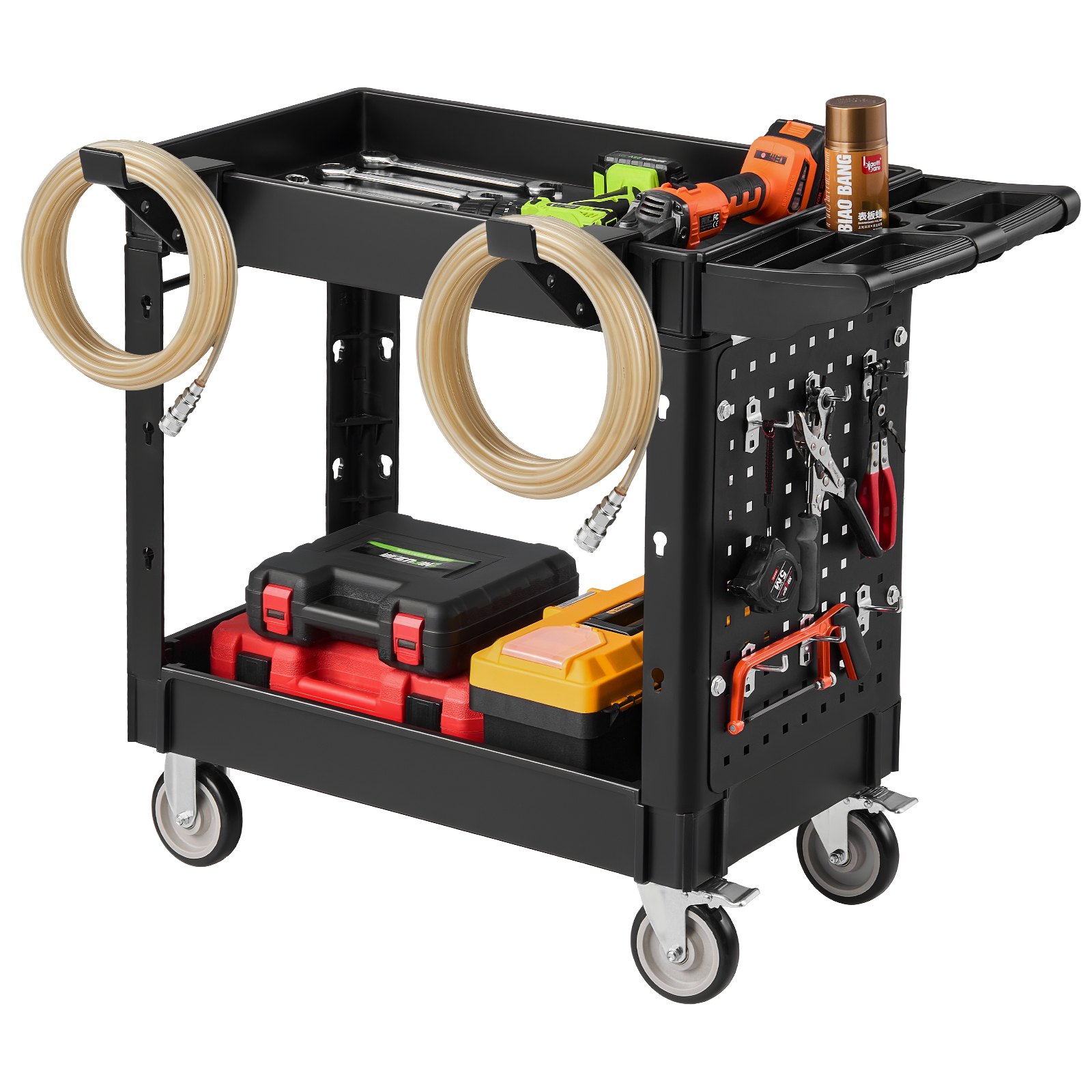 VEVOR Carro de Servicio Capacidad de 250 kg 2 Niveles con Panel Perforado, Carro Utilitario de Herramientas con Ruedas, Bloqueo, Bandeja, Estantes de PP, Carrito para Garaje, Oficina, Patio y Almacén