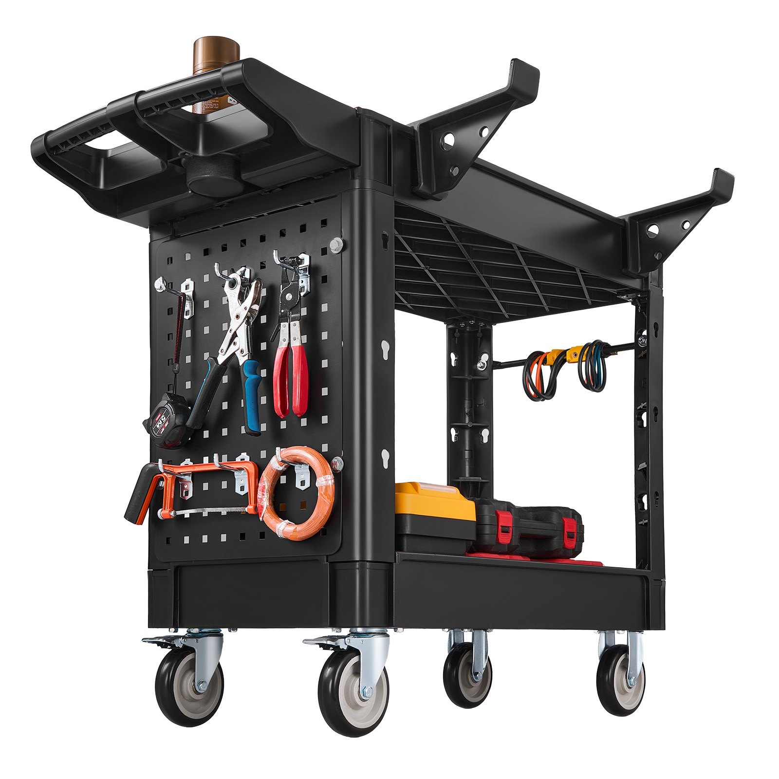 VEVOR Carro de Servicio Capacidad de 250 kg 2 Niveles con Panel Perforado, Carro Utilitario de Herramientas con Ruedas, Bloqueo, Bandeja, Estantes de PP, Carrito para Garaje, Oficina, Patio y Almacén