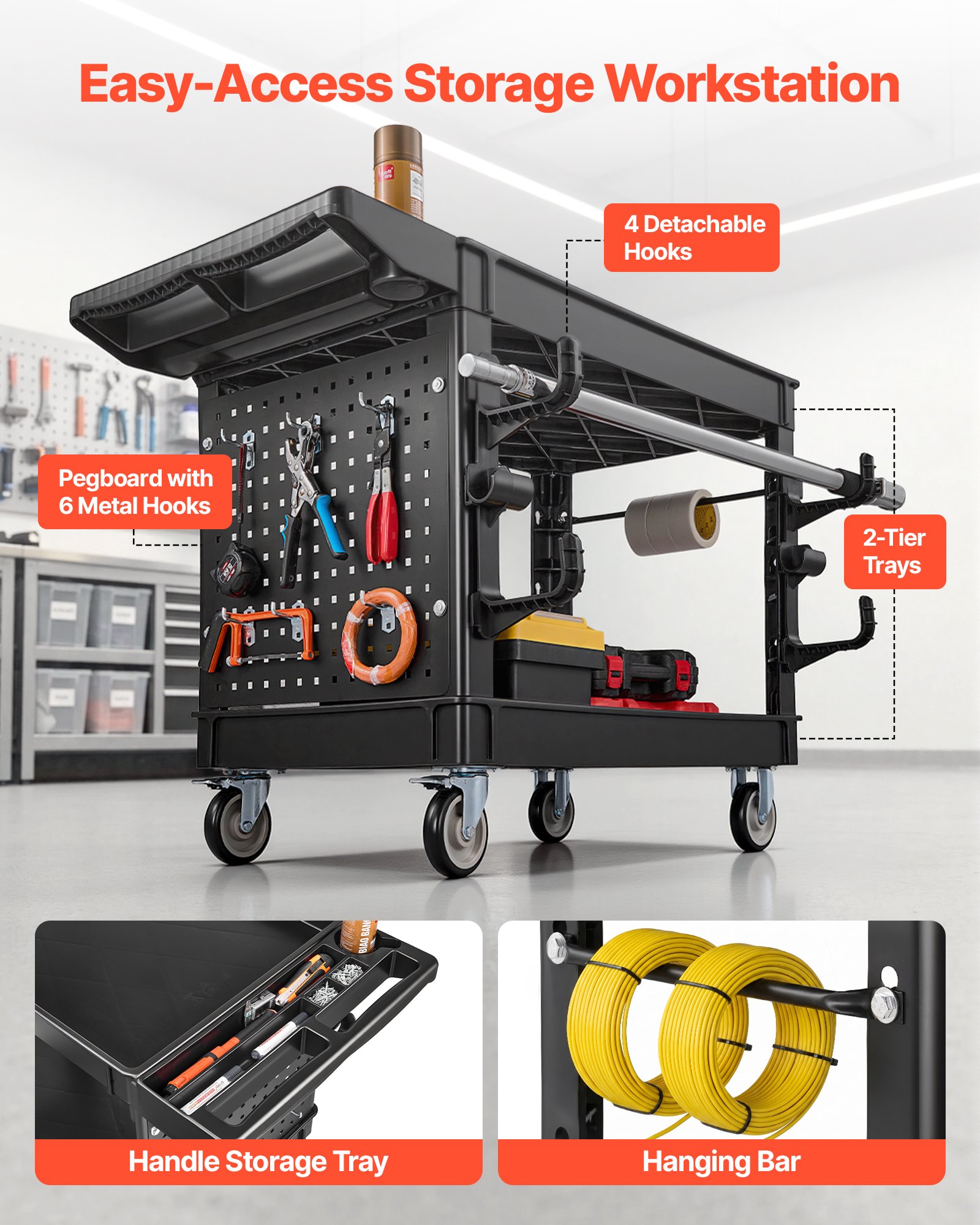 VEVOR Carro de Servicio Capacidad de 250 kg 2 Niveles con Panel Perforado, Estantes de PP, Carro Utilitario de Herramientas con Ruedas, Bloqueo, Bandeja, Carrito para Garaje, Oficina, Almacén y Patio