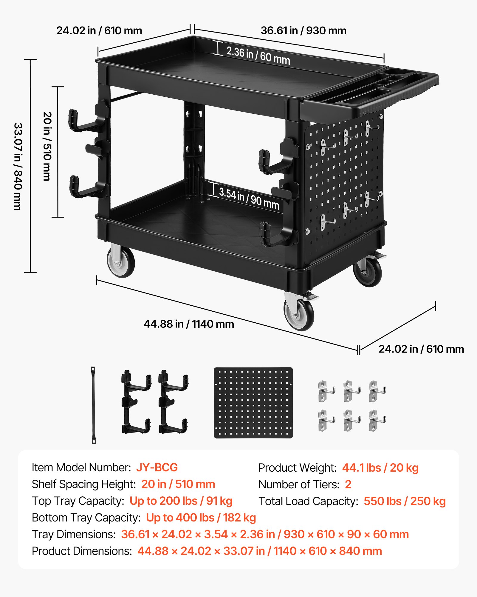 VEVOR Carro de Servicio Capacidad de 250 kg 2 Niveles con Panel Perforado, Estantes de PP, Carro Utilitario de Herramientas con Ruedas, Bloqueo, Bandeja, Carrito para Garaje, Oficina, Almacén y Patio