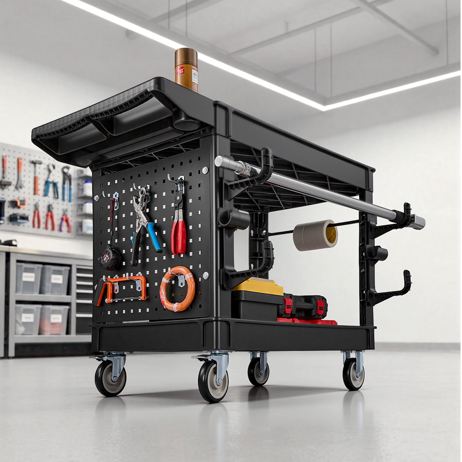 VEVOR Carro de Servicio Capacidad de 250 kg 2 Niveles con Panel Perforado, Estantes de PP, Carro Utilitario de Herramientas con Ruedas, Bloqueo, Bandeja, Carrito para Garaje, Oficina, Almacén y Patio