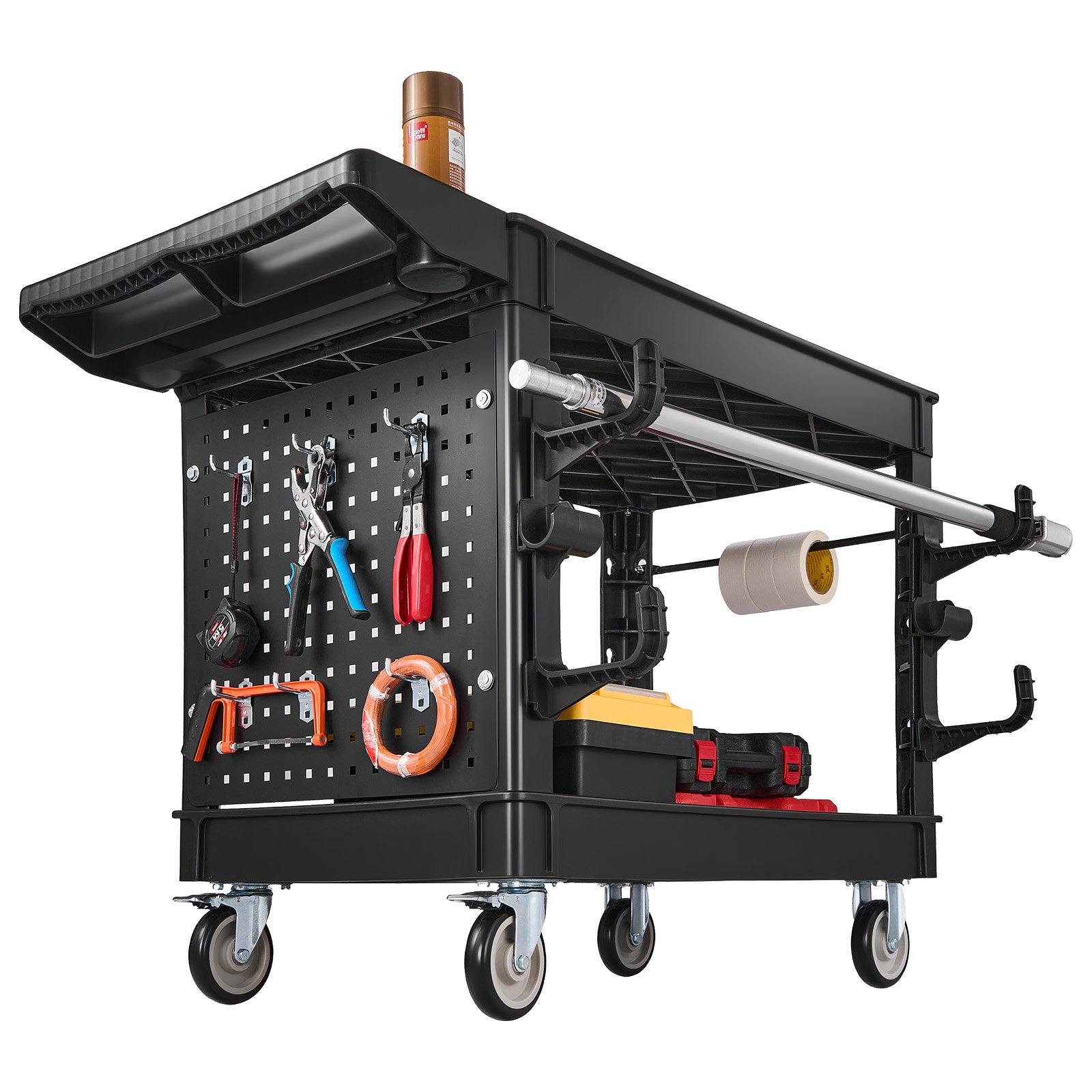 VEVOR Carro de Servicio Capacidad de 250 kg 2 Niveles con Panel Perforado, Estantes de PP, Carro Utilitario de Herramientas con Ruedas, Bloqueo, Bandeja, Carrito para Garaje, Oficina, Almacén y Patio