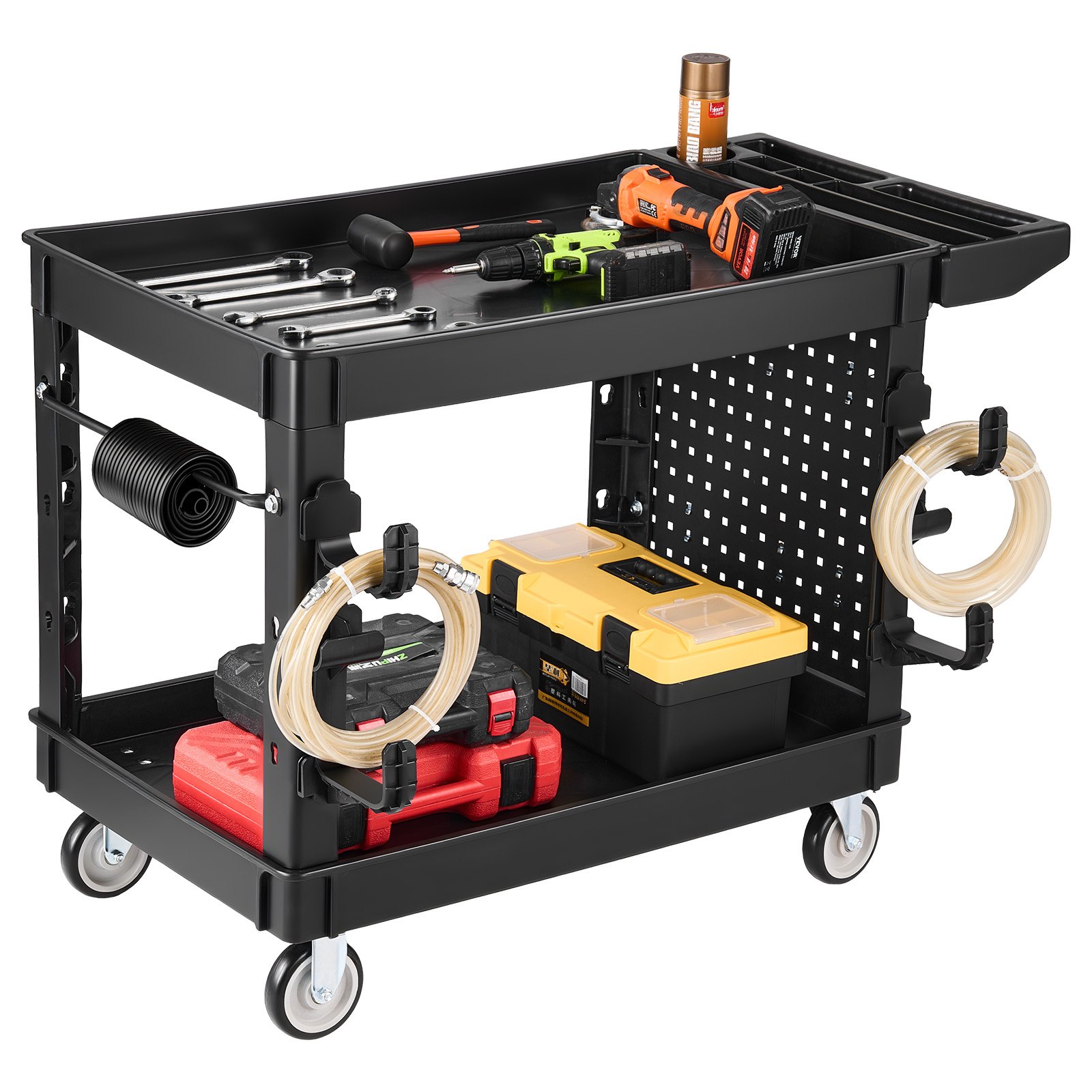 VEVOR Carro de Servicio Capacidad de 250 kg 2 Niveles con Panel Perforado, Estantes de PP, Carro Utilitario de Herramientas con Ruedas, Bloqueo, Bandeja, Carrito para Garaje, Oficina, Almacén y Patio