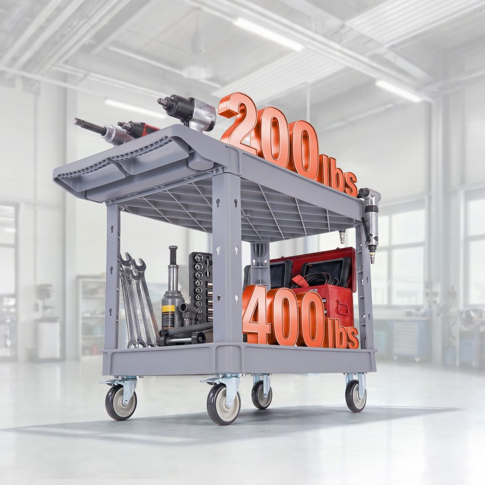 VEVOR Carro de Servicio Capacidad de 250 kg 2 Niveles Estantes de PP, Carro de Herramientas con Ruedas, Bloqueo, Bandeja de Almacenamiento, Carrito Utilitario para Garaje, Almacén, Oficina y Patio
