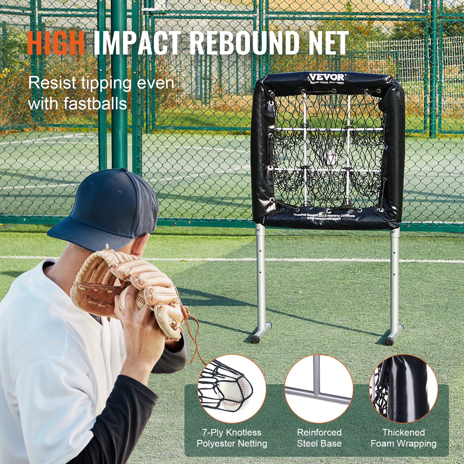 VEVOR Pitching Net Pitching Target Height Adjustable 304.8 mm / 406.4 mm / 508 mm, Baseball & Softball 9 Hole Training Equipment for Youth and Adults, Portable Quick-Assembly Design Black