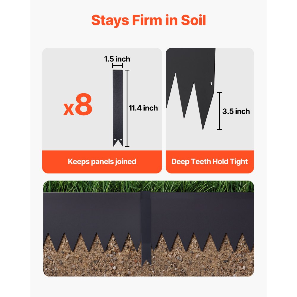 VEVOR Borde de Césped de Acero Galvanizado, 1016 x 254 mm, 8 Placas de Conexión, 6 Piezas de Borde, Delimitador Metálico Exterior, Bordura de Jardín con Guantes para Parterres Senderos Paisajismo