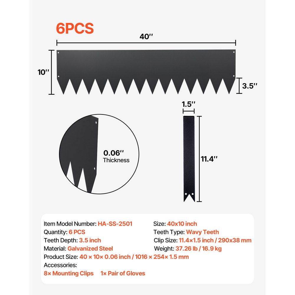 VEVOR Borde de Césped de Acero Galvanizado, 1016 x 254 mm, 8 Placas de Conexión, 6 Piezas de Borde, Delimitador Metálico Exterior, Bordura de Jardín con Guantes para Parterres Senderos Paisajismo