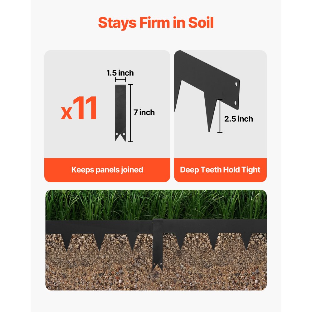 VEVOR Borde de Césped de Acero Galvanizado, 1016 x 114 mm, 11 Placas de Conexión, 10 Piezas de Borde, Delimitador Exterior Metálico, Bordura de Jardín con Guantes para Senderos Parterres Paisajismo